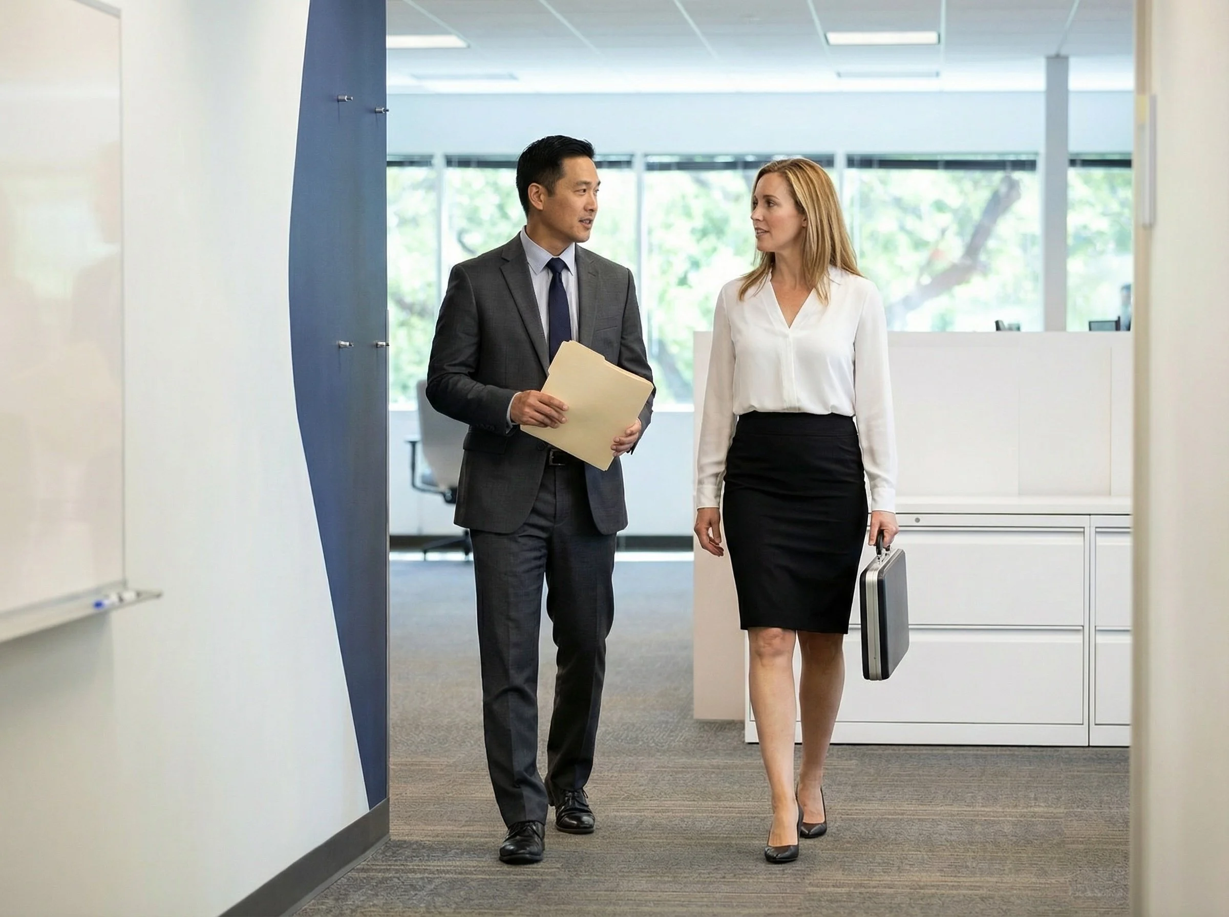 A man and woman walking and talking in an office corridor. The man is dressed in a gray suit holding a folder, and the woman is dressed in a white blouse and black skirt, carrying a briefcase.