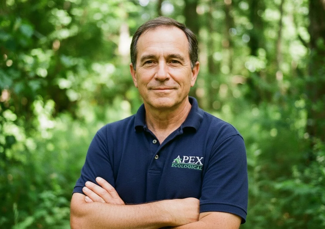 A middle-aged man standing outdoors in a forest, wearing a navy blue polo shirt with the logo 'APEX ECOLOGICAL' on it, arms crossed, looking at the camera with a slight smile.