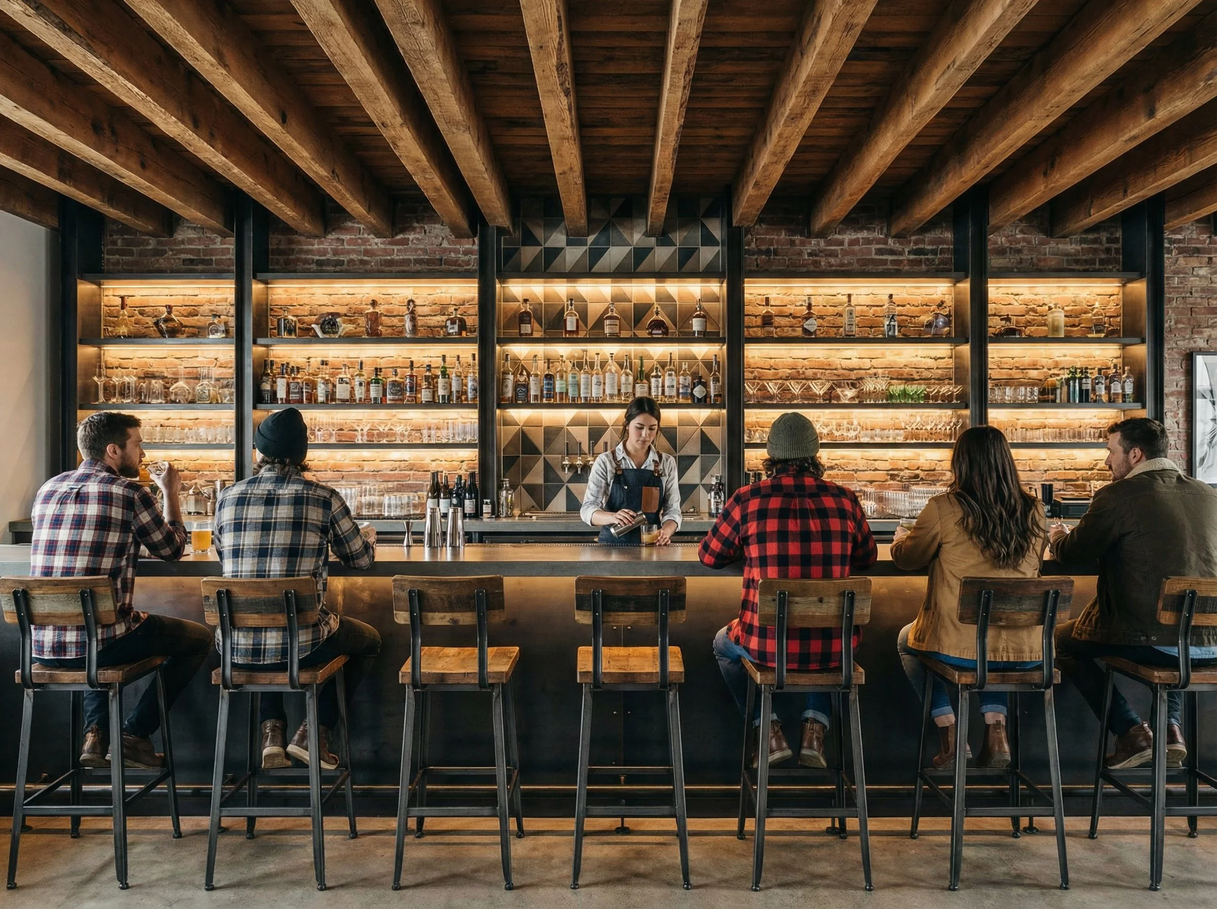 People sitting at a bar in a modern rustic restaurant with a brick wall and wooden ceiling, engaging with a bartender preparing drinks.