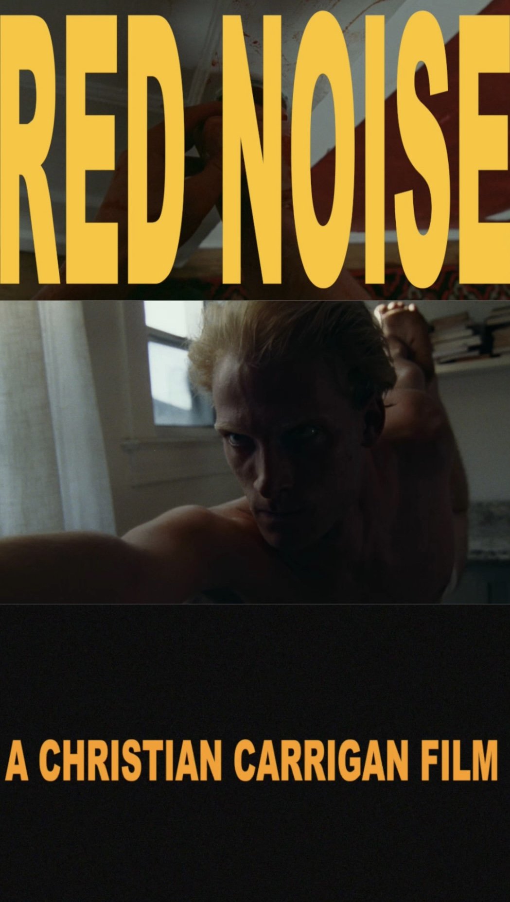 Movie poster for 'ReD Noise', directed by Christian Carrigan, featuring a shirtless man with platinum blonde hair looking intensely at the camera inside a room.