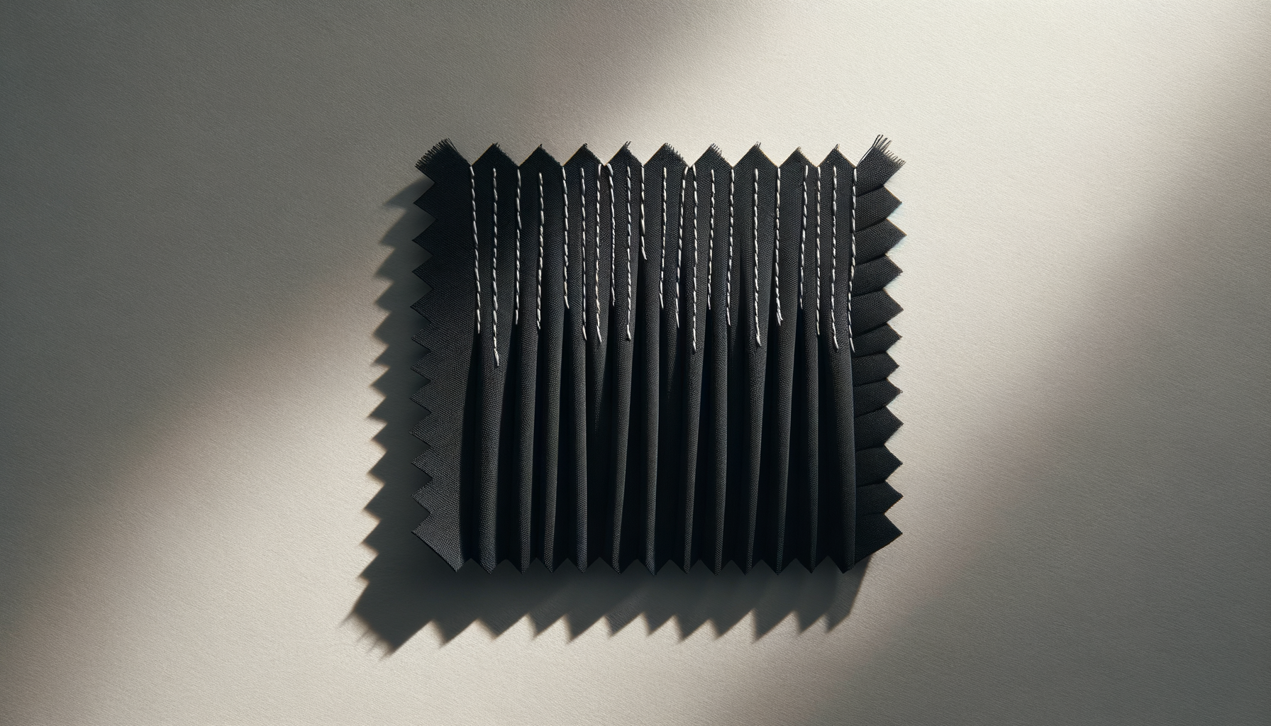 A stack of black fabric swatches with zigzag edges and white topstitching, casting a shadow on a textured gray surface.