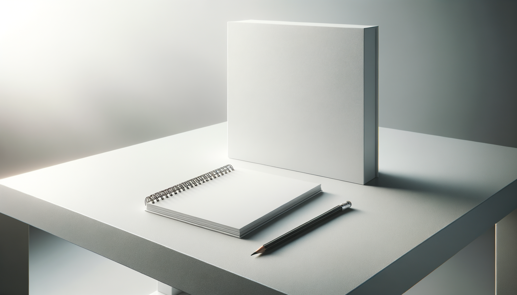 White blank notebook with spiral binding, a black pencil, and a closed white book on a white desk near a light source.