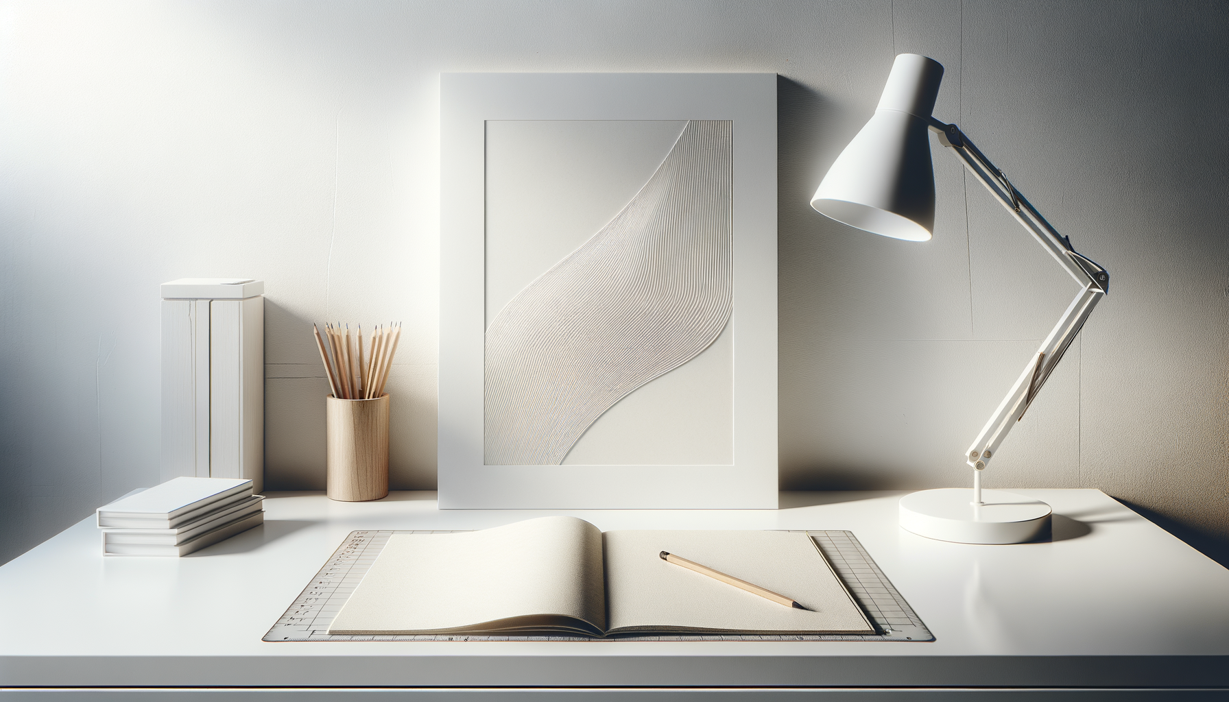 Minimalist white desk with a glass-topped notebook, a pencil, a stack of notebooks, a wooden holder with pencils, a framed abstract artwork, and a white adjustable desk lamp, with a neutral wall background.