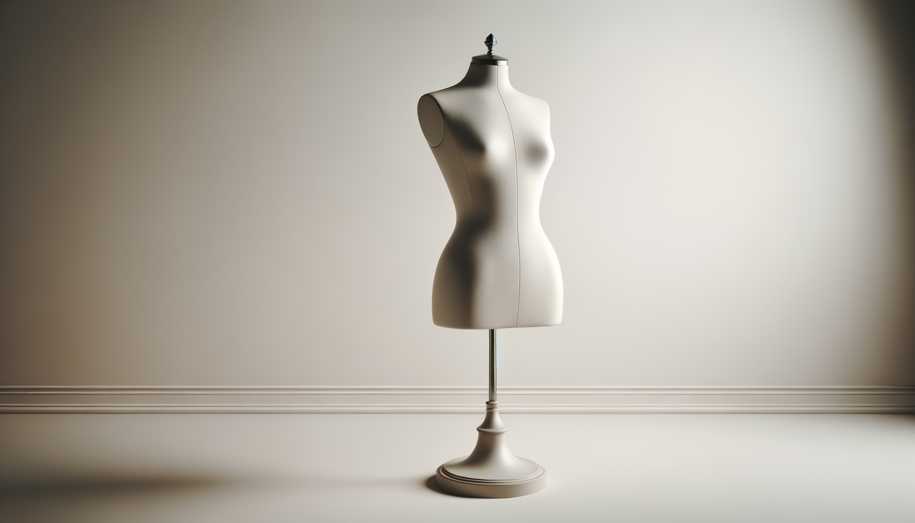 Empty mannequin on a stand in front of a plain, lit background.