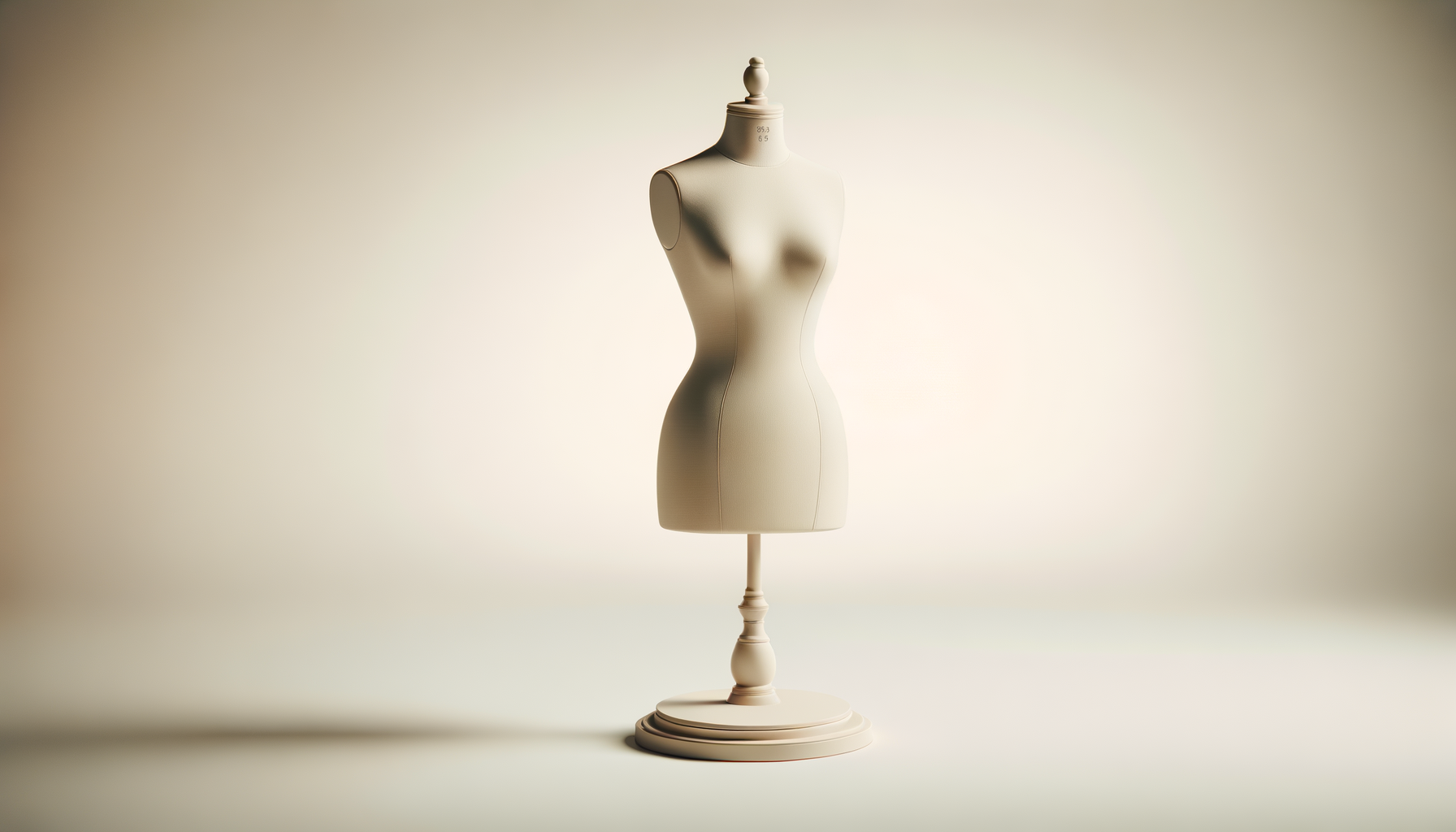 An empty dress form mannequin on a stand, with a neutral background.