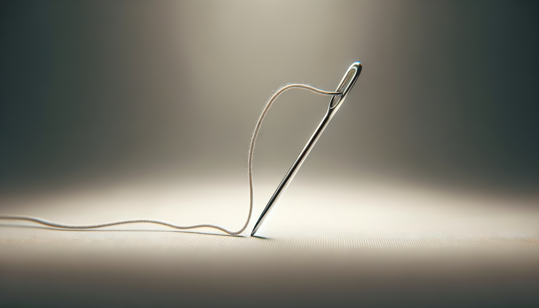 A sewing needle with a piece of thread looped through it, resting on a flat surface.