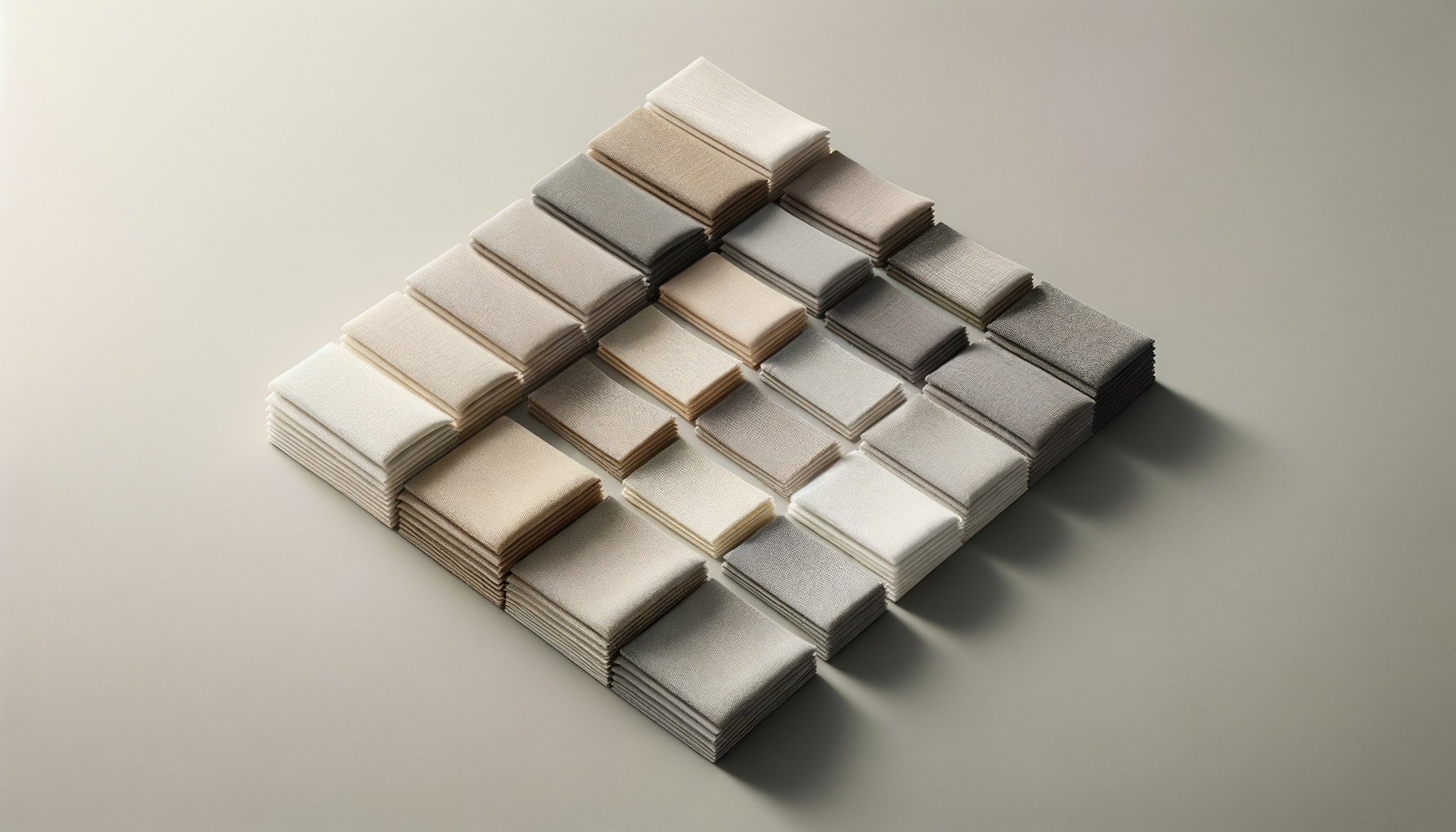 A collection of neatly folded fabric swatches arranged in a stepped pattern, showcasing various shades of beige, gray, and cream.