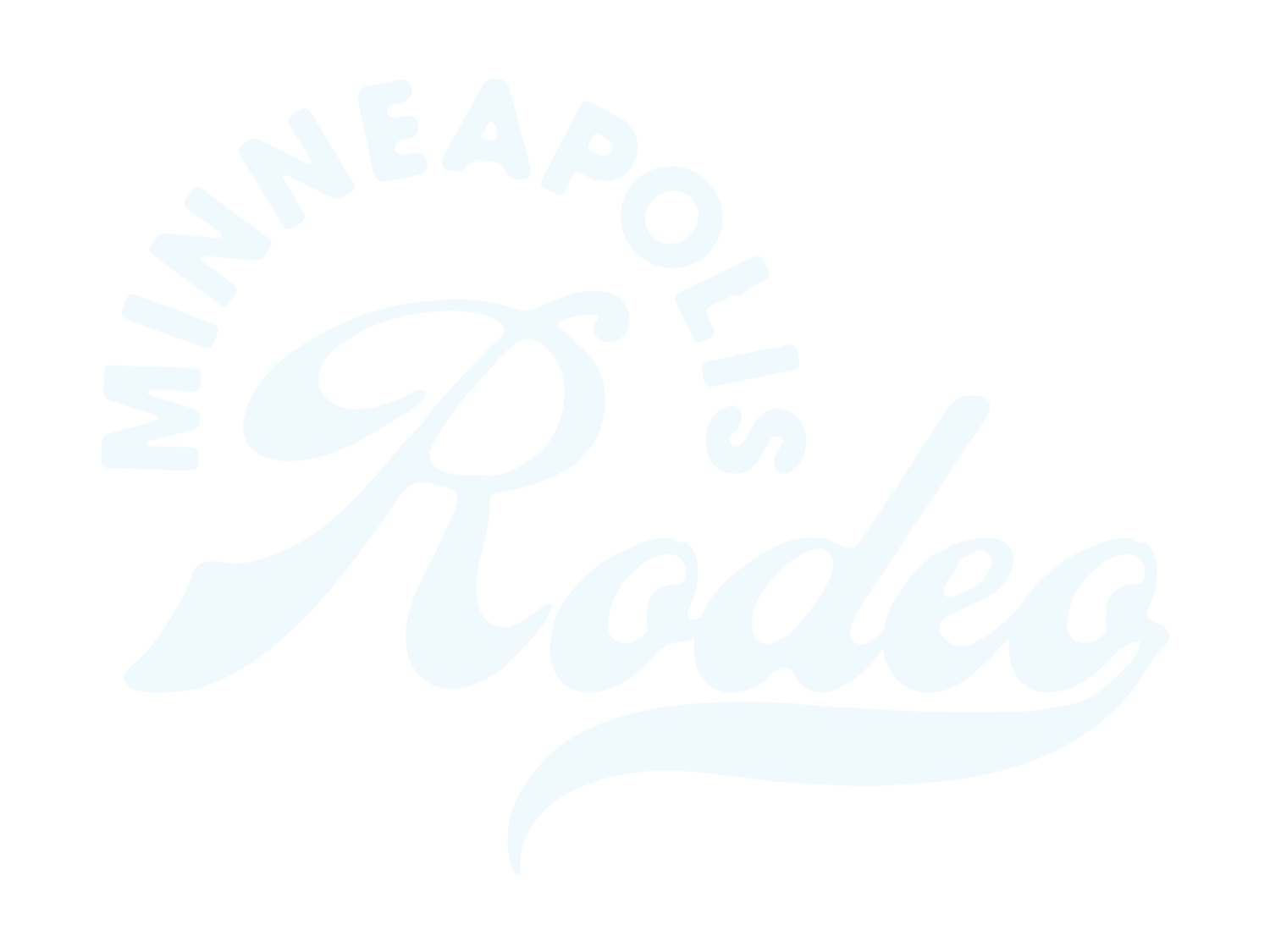 Logo with the phrase 'Minneapolis Rodeo' in stylized cursive font, with a graphic of a hand pointing.