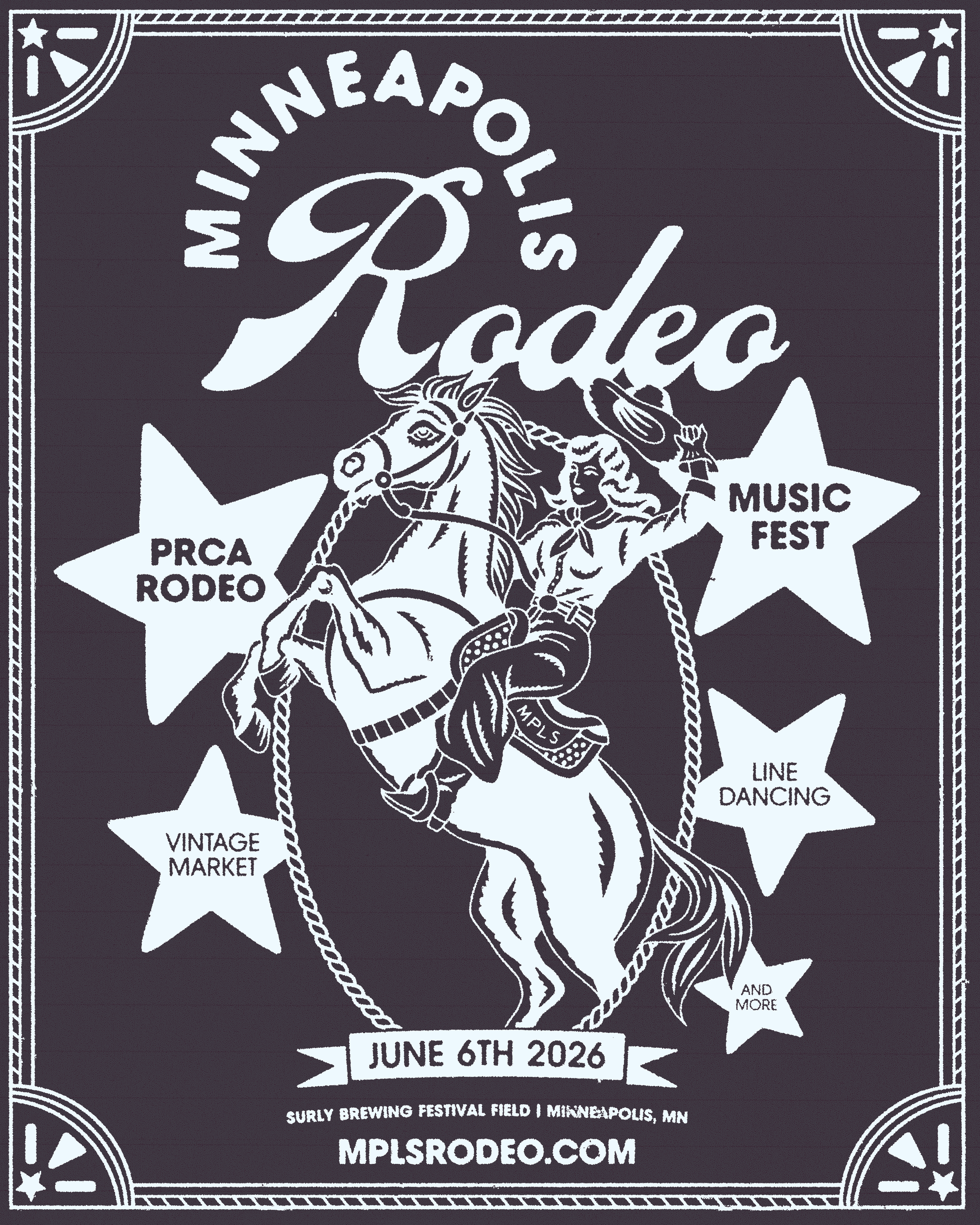Poster for Minneapolis RODEO Music Festival featuring a cowboy riding a horse, with text about the event on June 6th, 2026, at Surly Brewing Festival Field in Minneapolis, MN, including additional activities like vintage market, line dancing, and more.