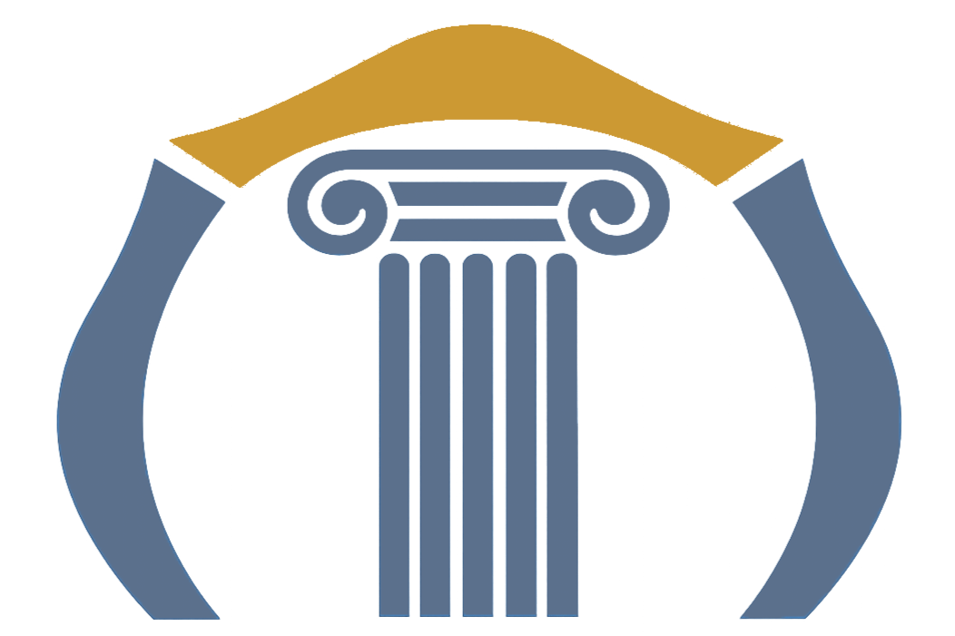 A logo with a blue Ionic column between two gray brackets and a gold roof above.