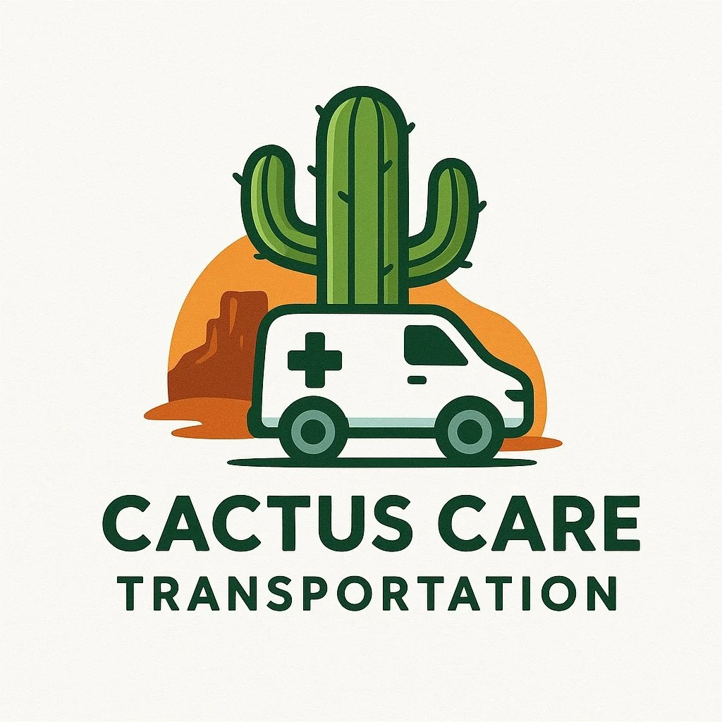 Logo for Cactus Care Transportation featuring a cactus, a hill, and a desert landscape with an ambulance that has a medical cross, and the text "Cactus Care Transportation".