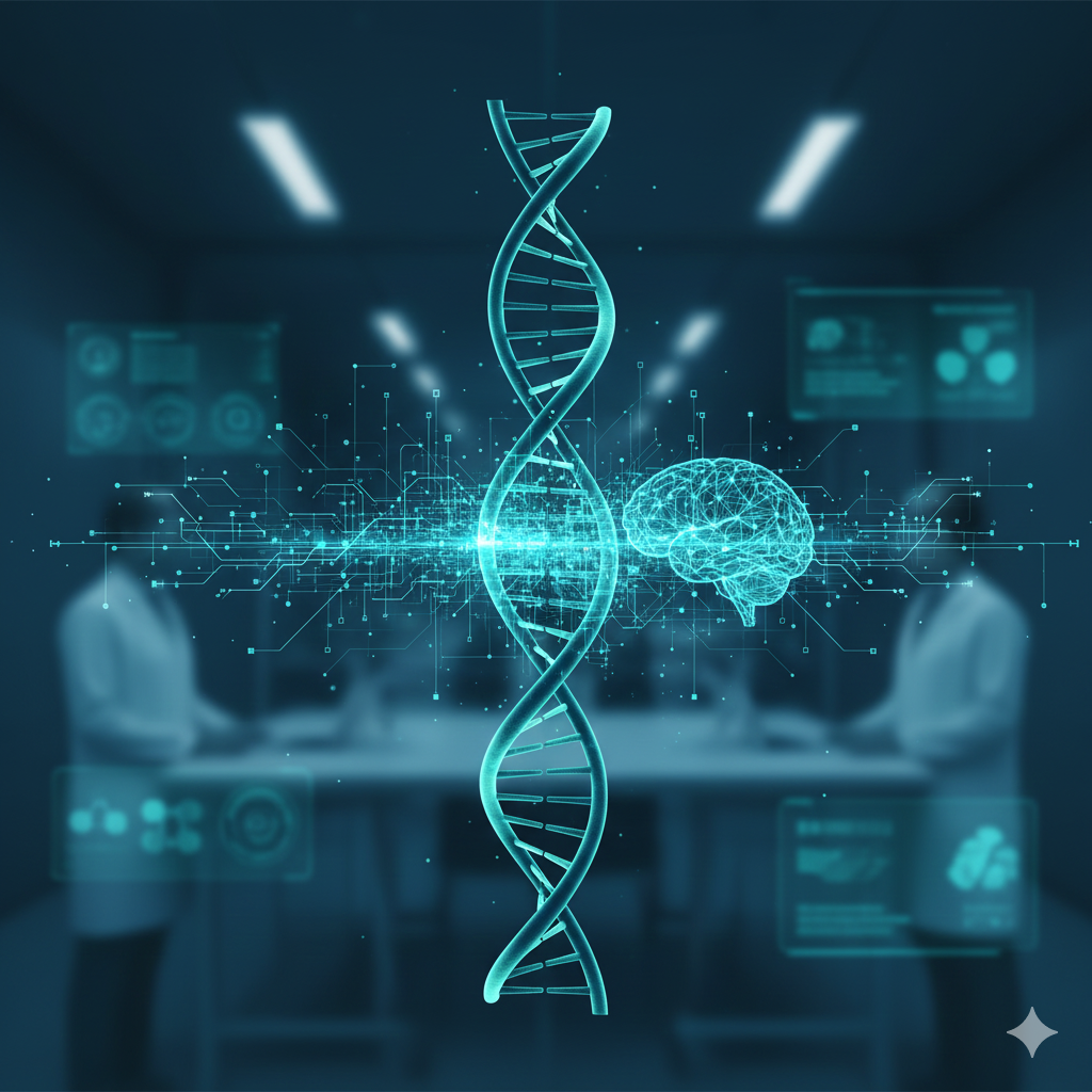 Digital illustration of a DNA double helix with a brain and circuit-like connections, in a futuristic laboratory setting.