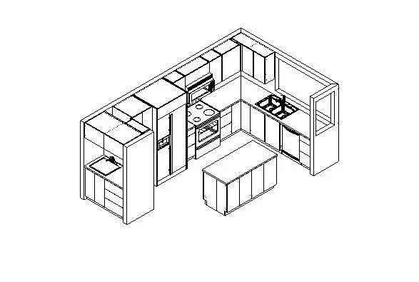 Isometric drawing of a kitchen with appliances, cabinets, a stove, an oven, a microwave, a refrigerator, a sink, and a kitchen island.