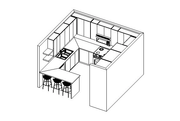 Line drawing of a kitchen with an L-shaped counter, stove, sink, cabinets, and a small bar area with three stools.