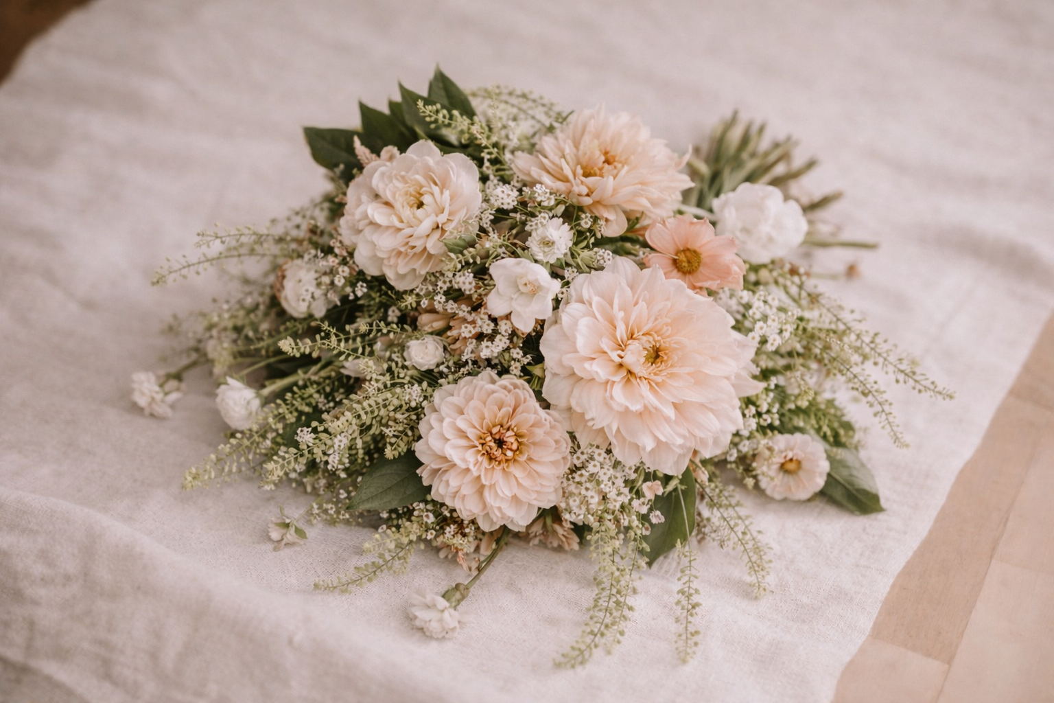 A bouquet of light pink and white flowers with green leaves, resting on a beige fabric surface.