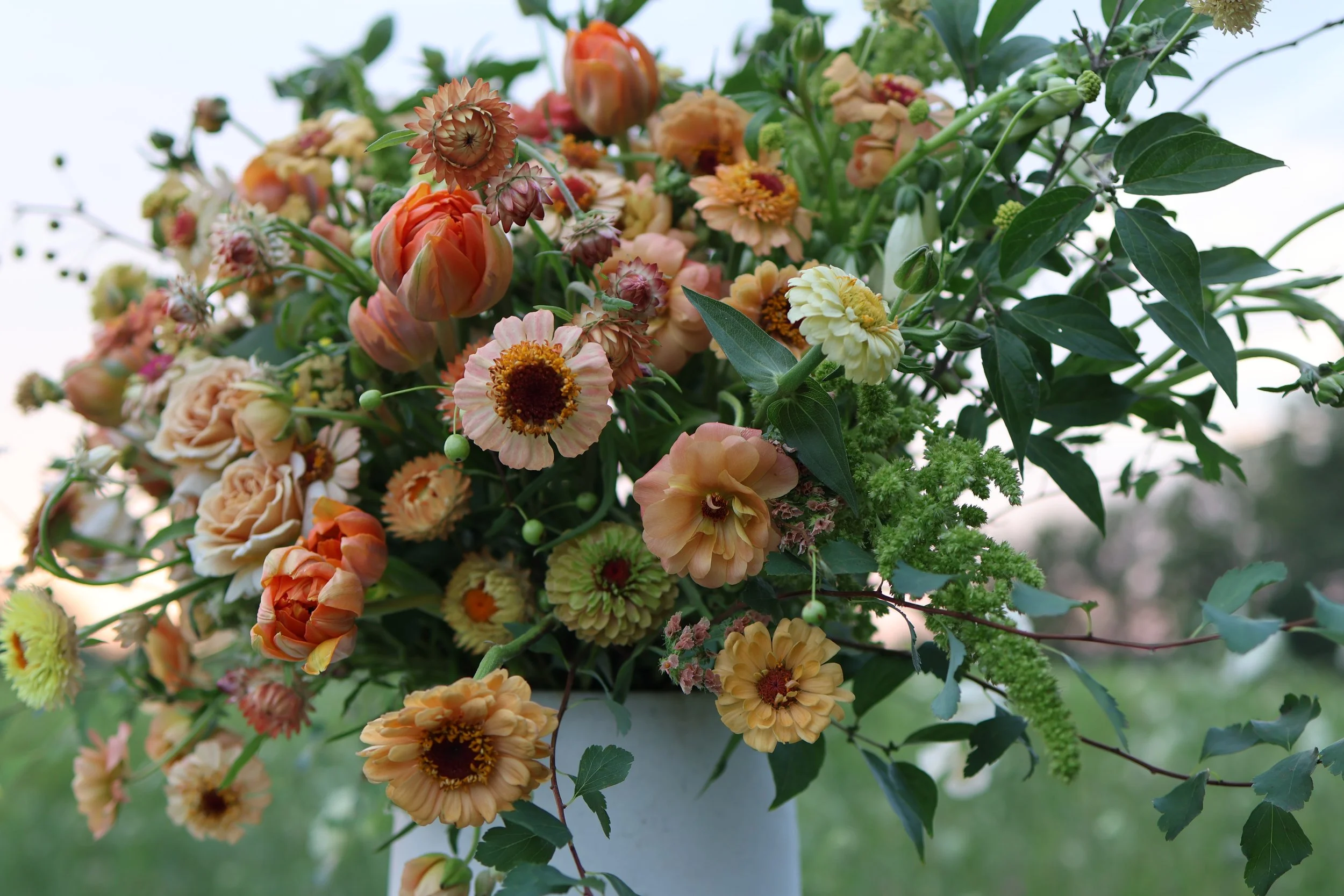 A vibrant bouquet of various orange, peach, and cream-colored flowers with green leaves.