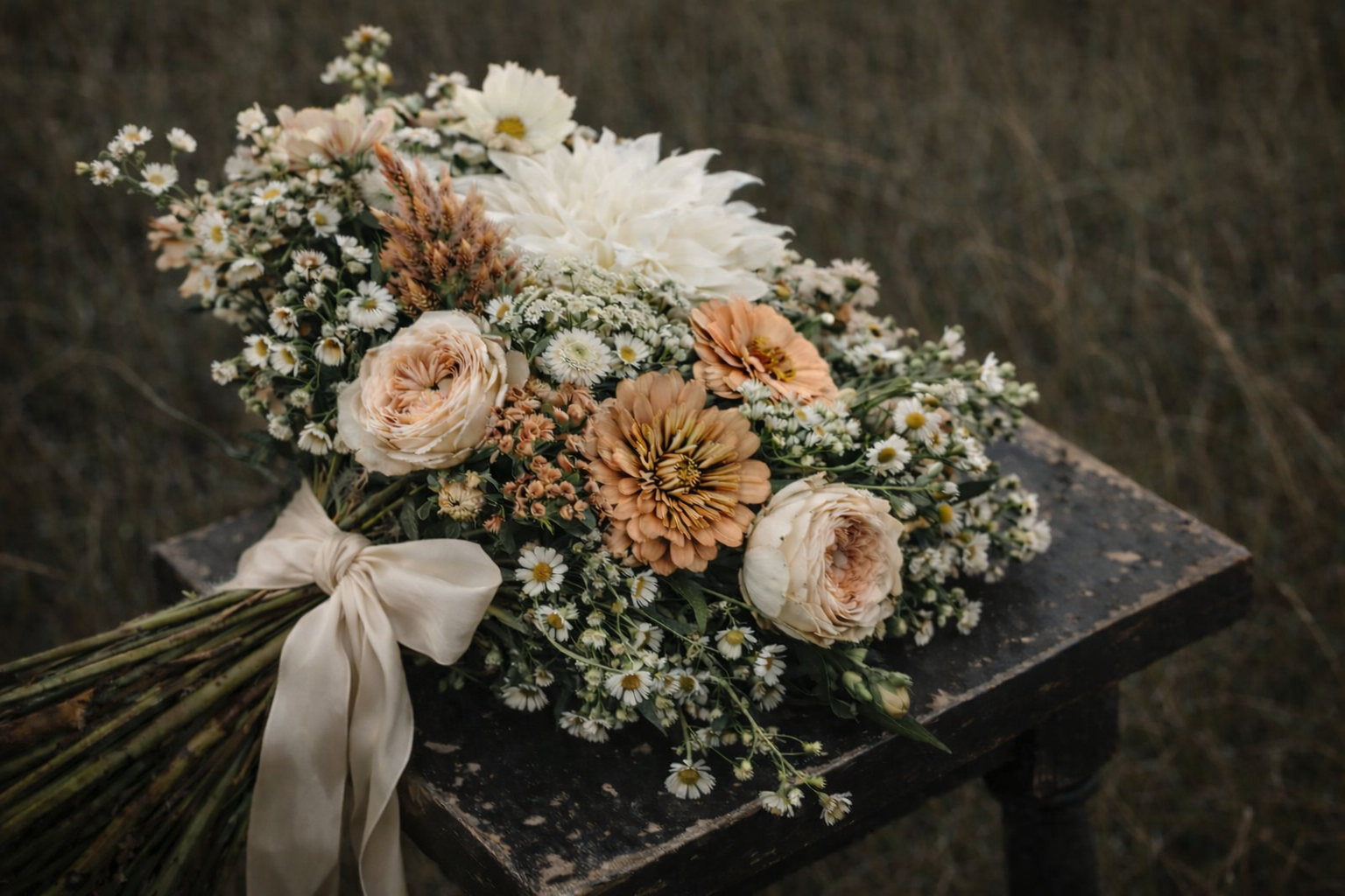 A bouquet of white, peach, and cream flowers with greenery and a cream ribbon, resting on a dark wooden surface outdoors.