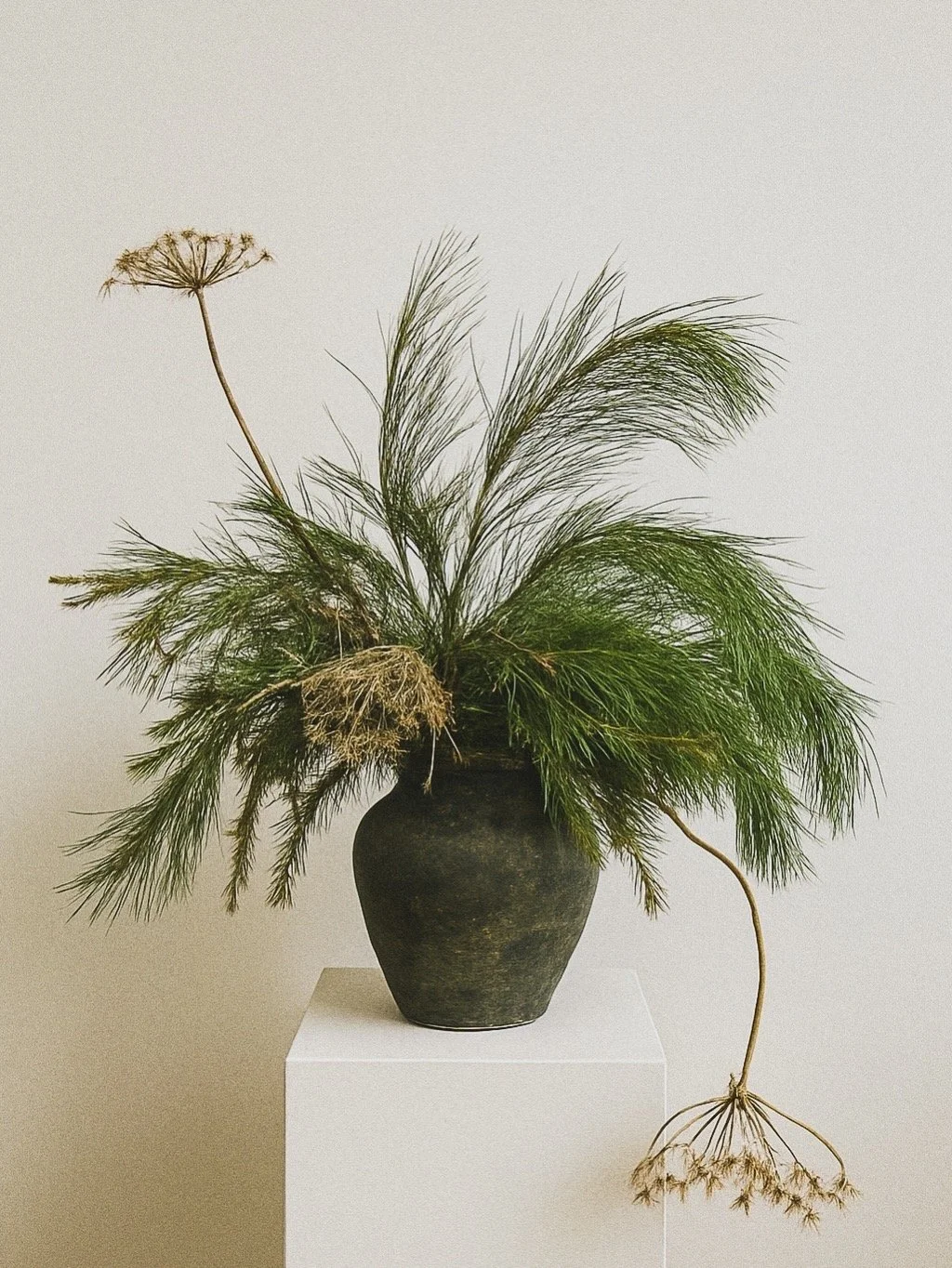 A black vase with a large arrangement of green and brown dried plants, including ferns and seed pods, on a white pedestal against a plain wall.