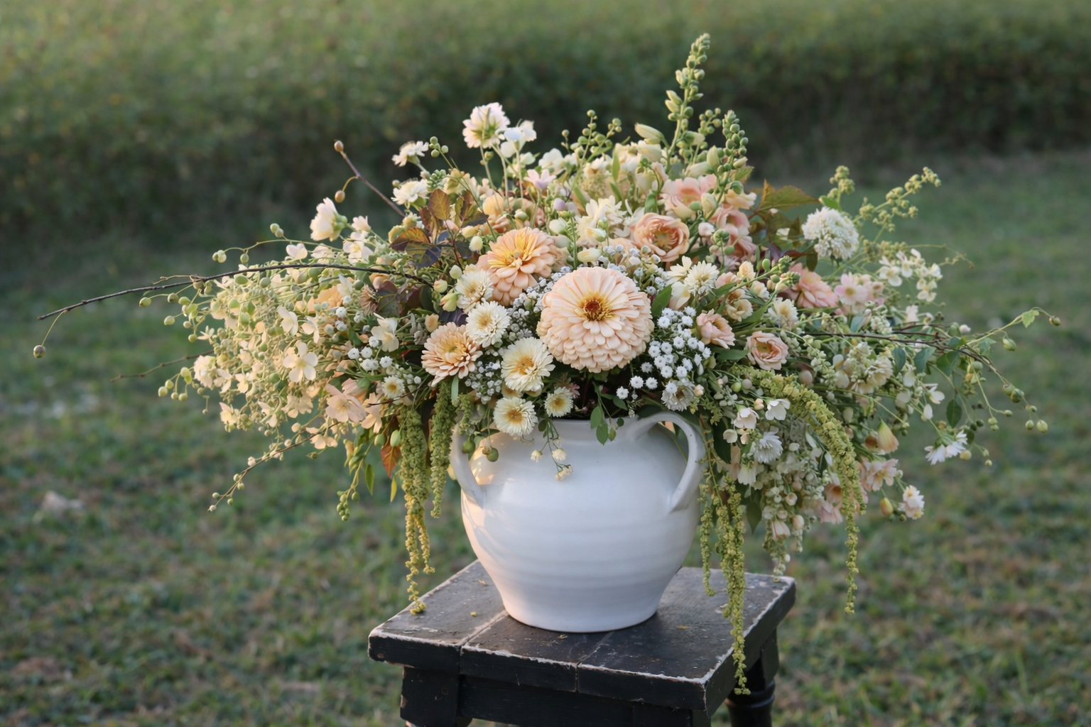 A large white ceramic vase filled with a lush arrangement of pastel-colored flowers, including dahlias, roses, daisies, and other greenery, placed on a dark wooden stand outdoors on grass.