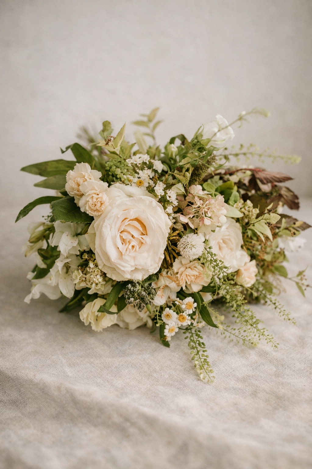 A bouquet of white and pale pink flowers with green leaves on a neutral fabric surface.