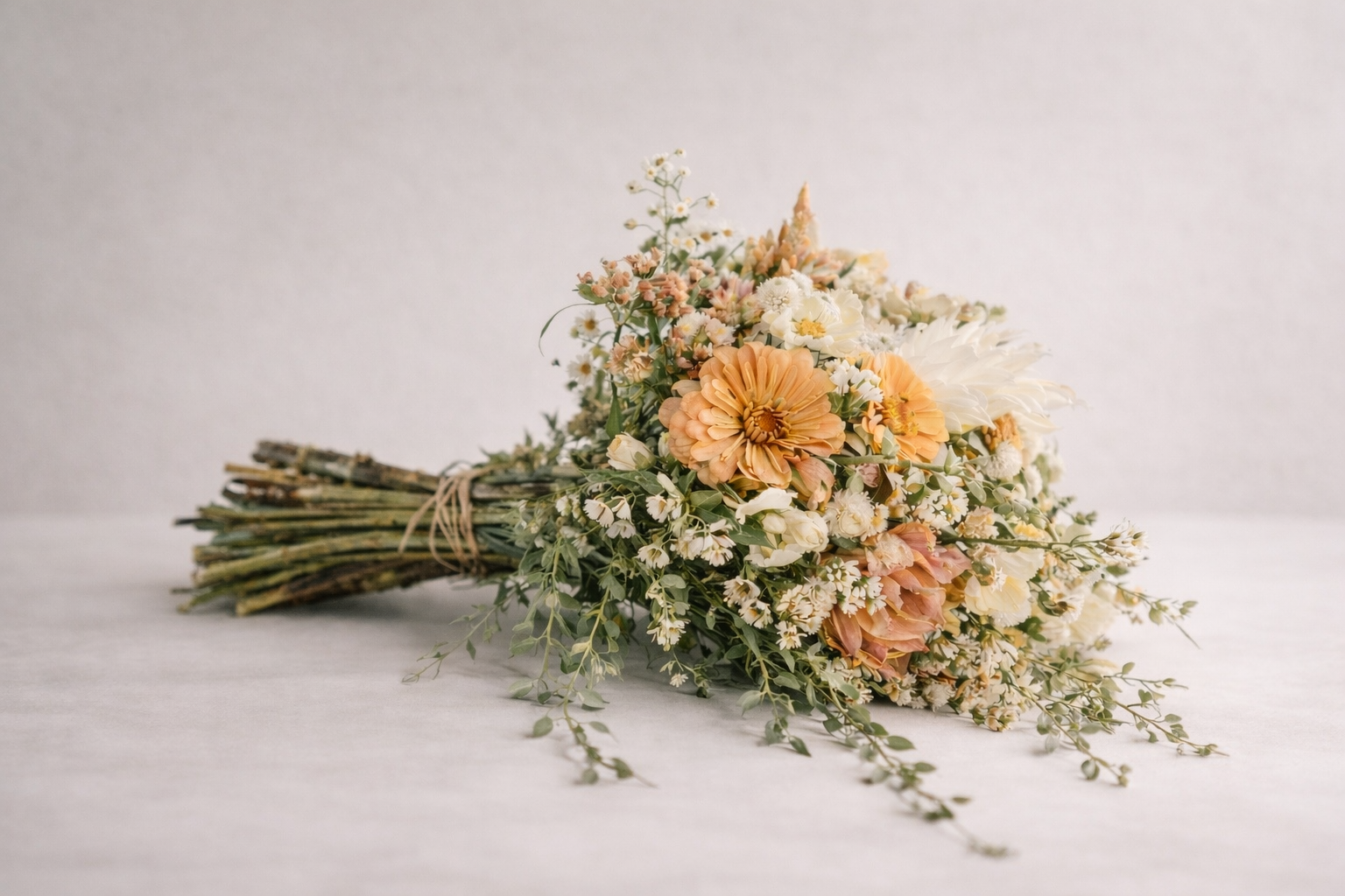A bouquet of mixed flowers including peach, white, and cream-colored blooms tied with a natural string, resting on a light surface against a plain background.