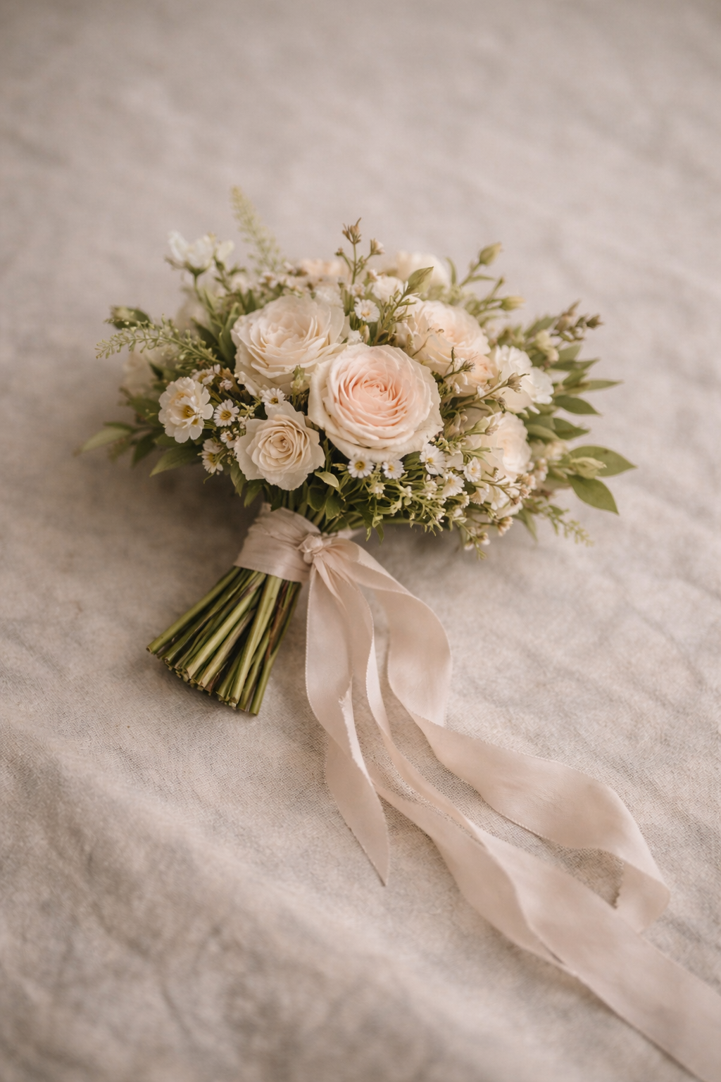 A wedding bouquet with light pink and white roses, small white daisies, and greenery, tied with pale pink satin ribbons.