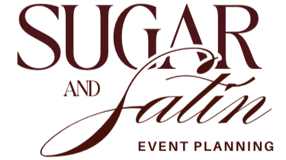 Text logo with the words 'Sugar and Satin' in large stylized font, with 'Sweetening' underneath.