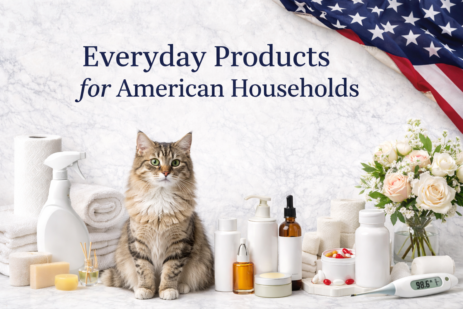 A collection of everyday household products for Americans, including towels, cleaning spray, bottles, a jar of pills, a thermometer reading 98.6°F, a bouquet of flowers, and a cat, with an American flag in the top right corner.