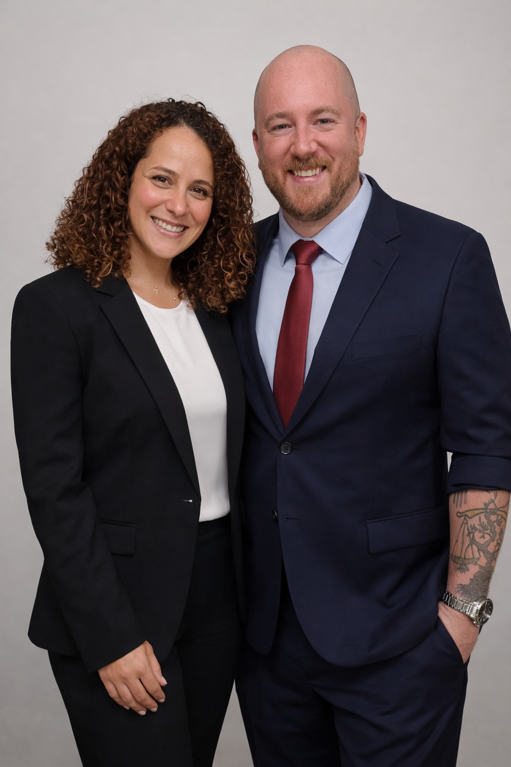 A woman and a man dressed in professional business attire smiling and standing closely together against a plain background.