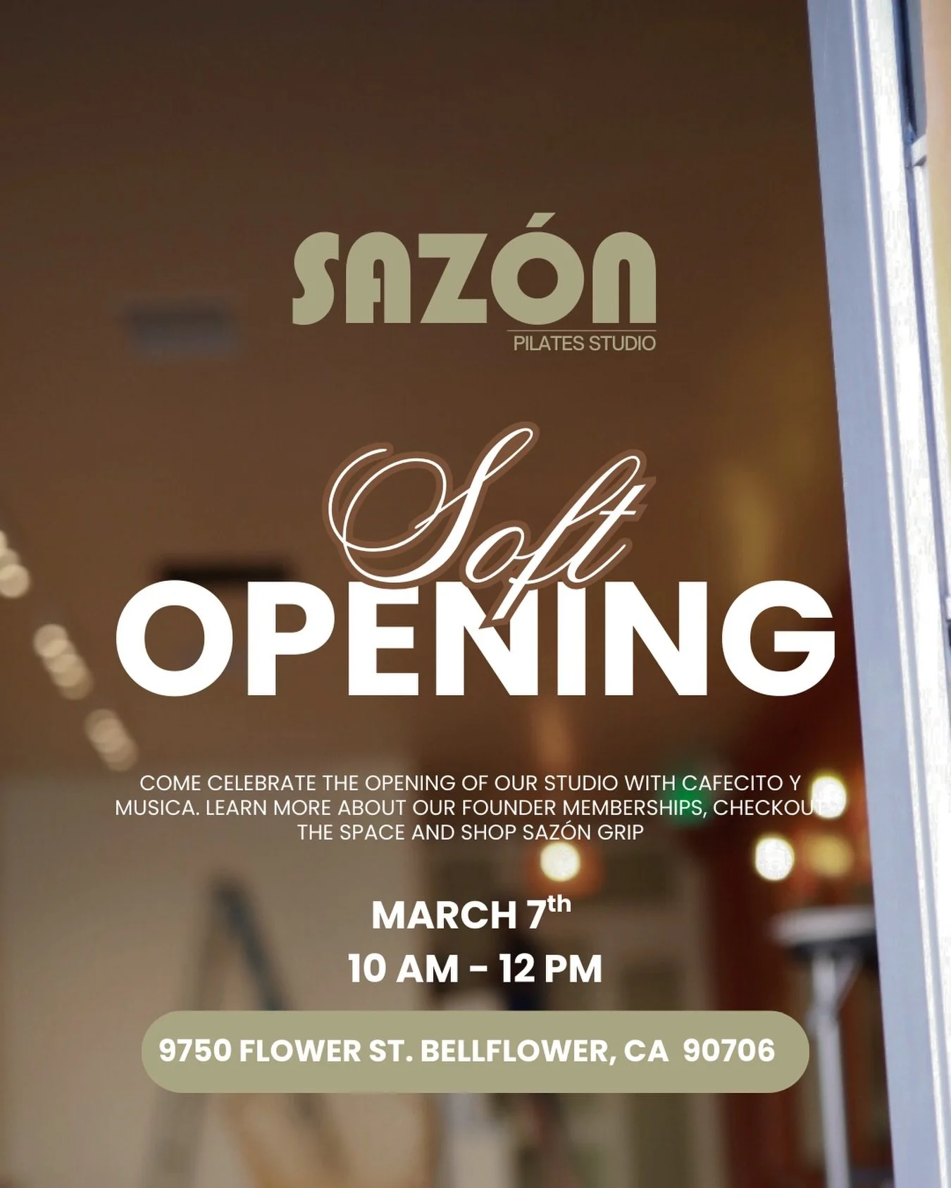 Join us at Saz&oacute;n Pilates Studio on March 7th from 10AM&ndash;12PM to celebrate our doors officially opening! 🤎🌵✨

Ven a celebrar con nosotros 💃🏽 Come sip cafecito, enjoy m&uacute;sica, tour the space, learn about our Founder Memberships, y