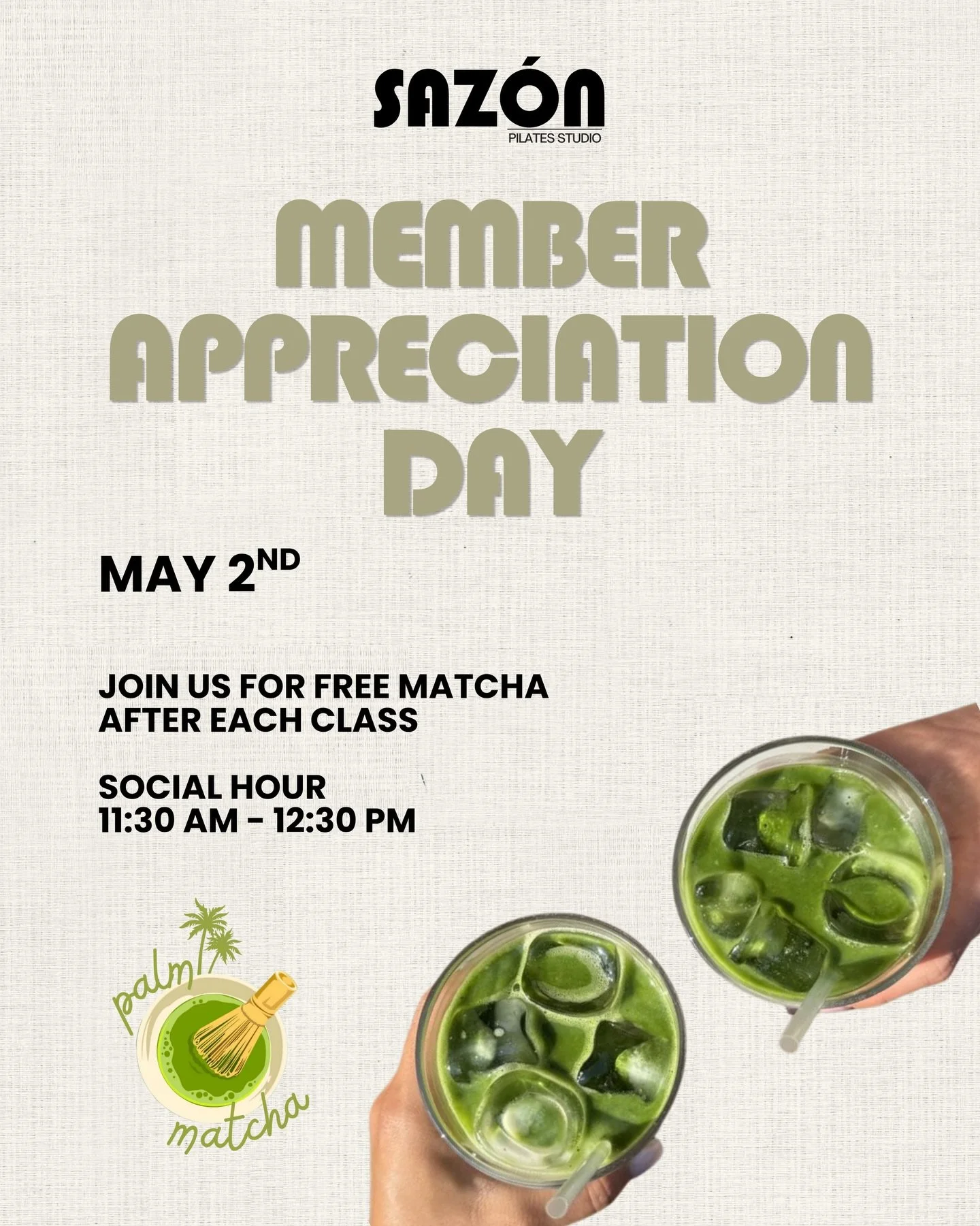 FREE MATCHA. THIS SATURDAY. 🍵✨

At Sazon Pilates Studio &mdash; celebrating YOU, our members 🤍

We&rsquo;re so grateful for everyone who has shown up for us these first few months. Your energy, consistency, and support have built this space into wh