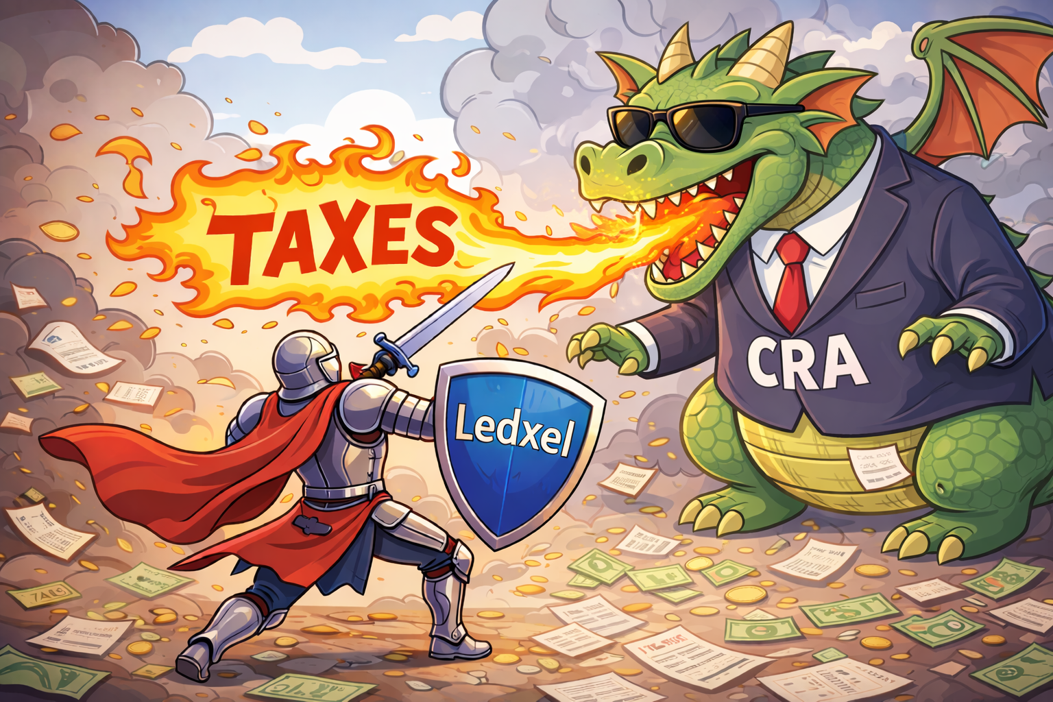 Illustration of a dragon wearing a suit labeled 'CRA' breathing fire labeled 'taxes' at a knight in armor with a shield labeled 'Ledxel' wielding a sword. The scene is chaotic with piles of papers and money scattered on the ground, and smoke in the background.