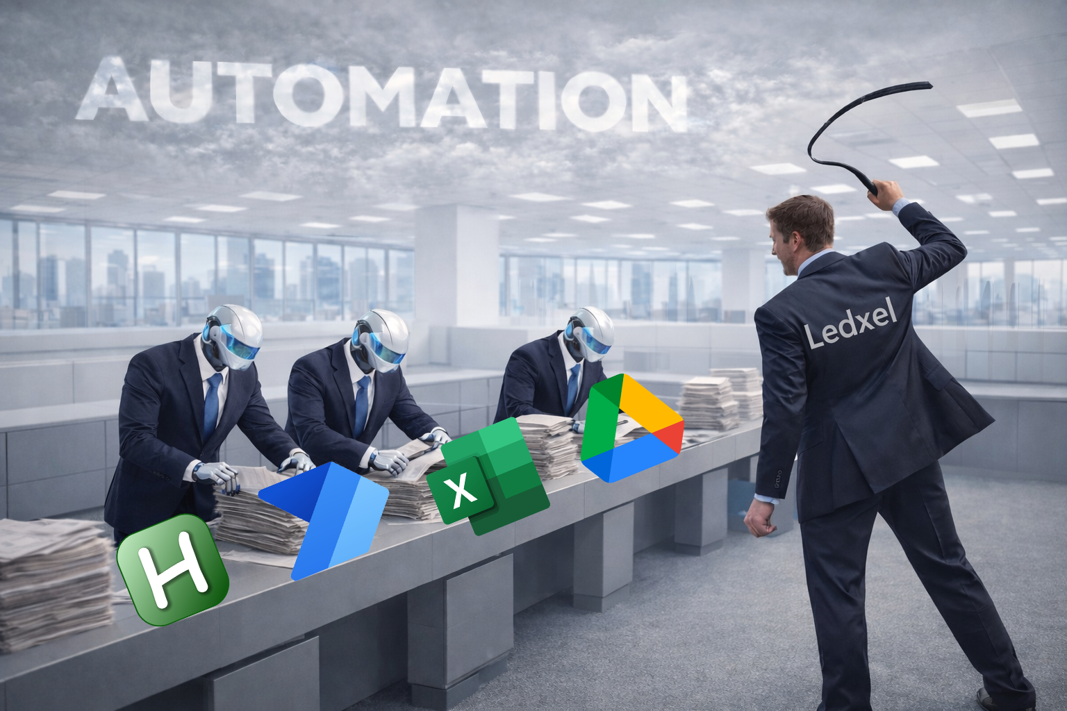Businessman in a suit with the label 'Ledxel' on his back wielding a whip at three robots in suits with helmets sitting at a table in an office with large windows and a city view. Each robot has an icon for software or files floating in front of them, including H, Trello, Excel, and Google Drive. The word 'AUTOMATION' is written across the top.