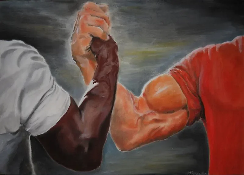 Painting of two muscular arms engaged in a bicep curl competition, with one arm wearing a short sleeve gray shirt and the other a red shirt.