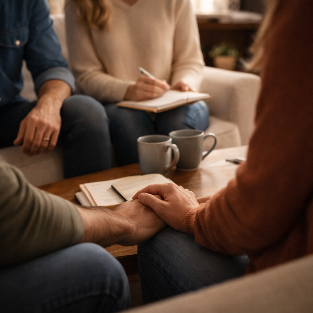 A couple holds hands across from another couple, a man with a visible wedding ring and a woman holding a notebook and pen.