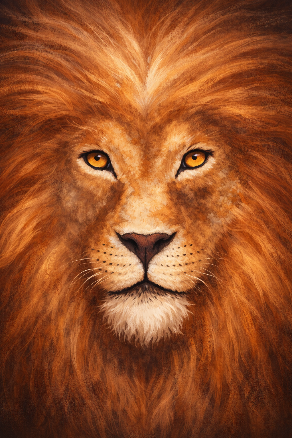 A painted portrait of a lion's head with eyes gazing straight ahead