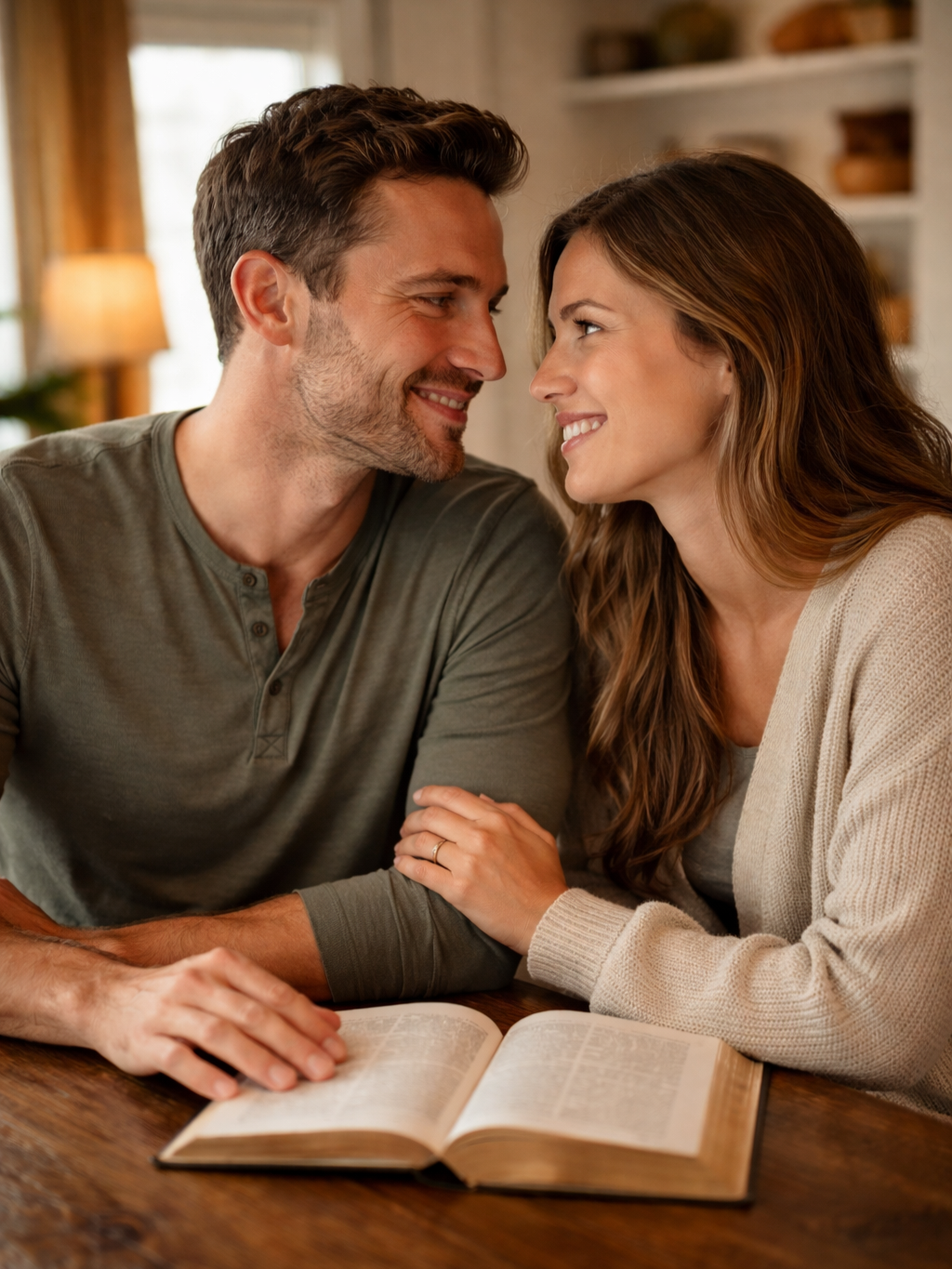 Couple in their mid thirties smiling at each other and gazing into each other's eyes with a Bible open in front of them.