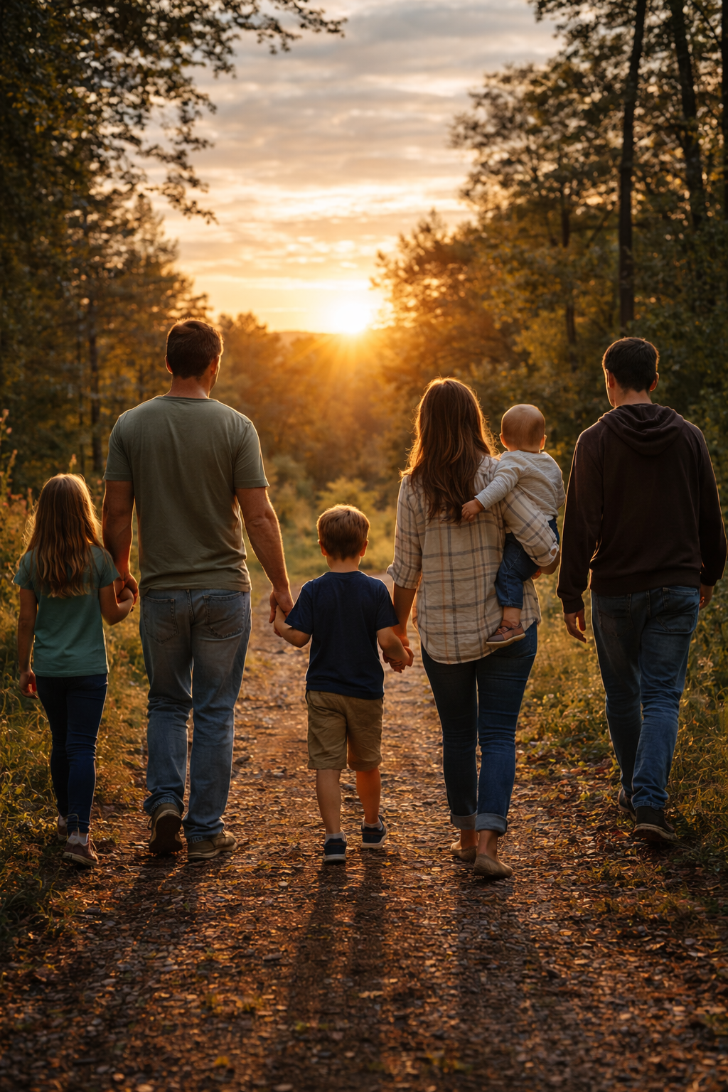 A family of 6 with children aging from teenager to toddler, walking down a forest trail into the sunset.