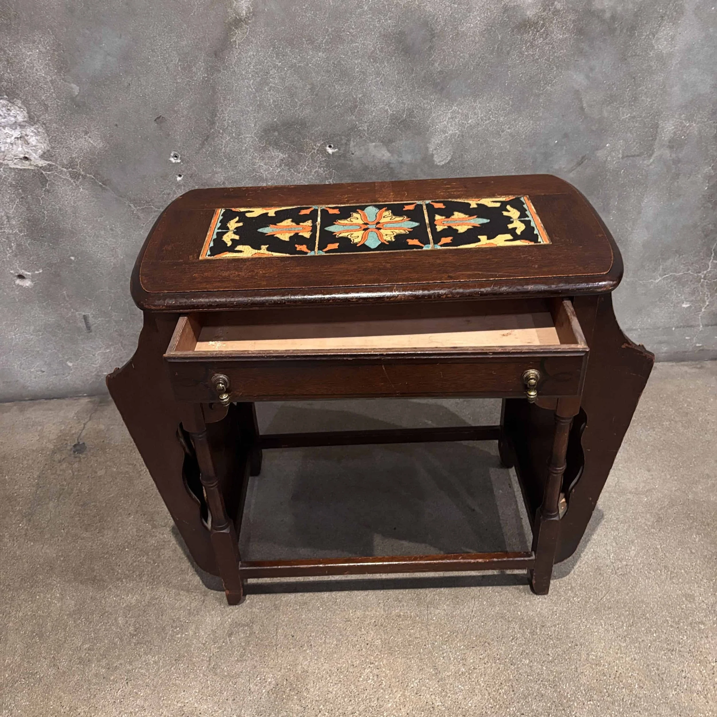 California Tudor Tile Top Walnut Table/ Magazine Stand