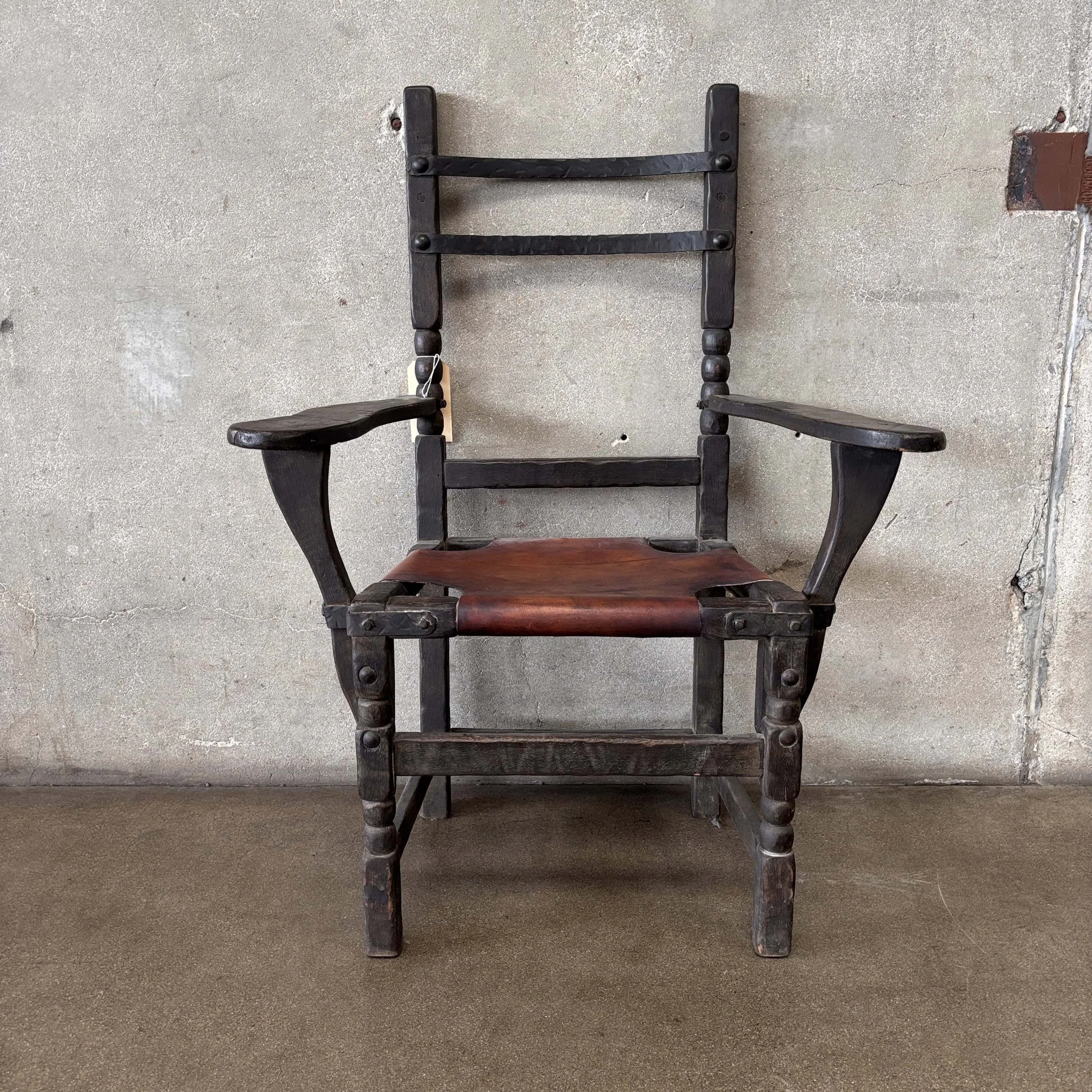 Monterey Furniture Early Old Wood Iron & Leather Chair