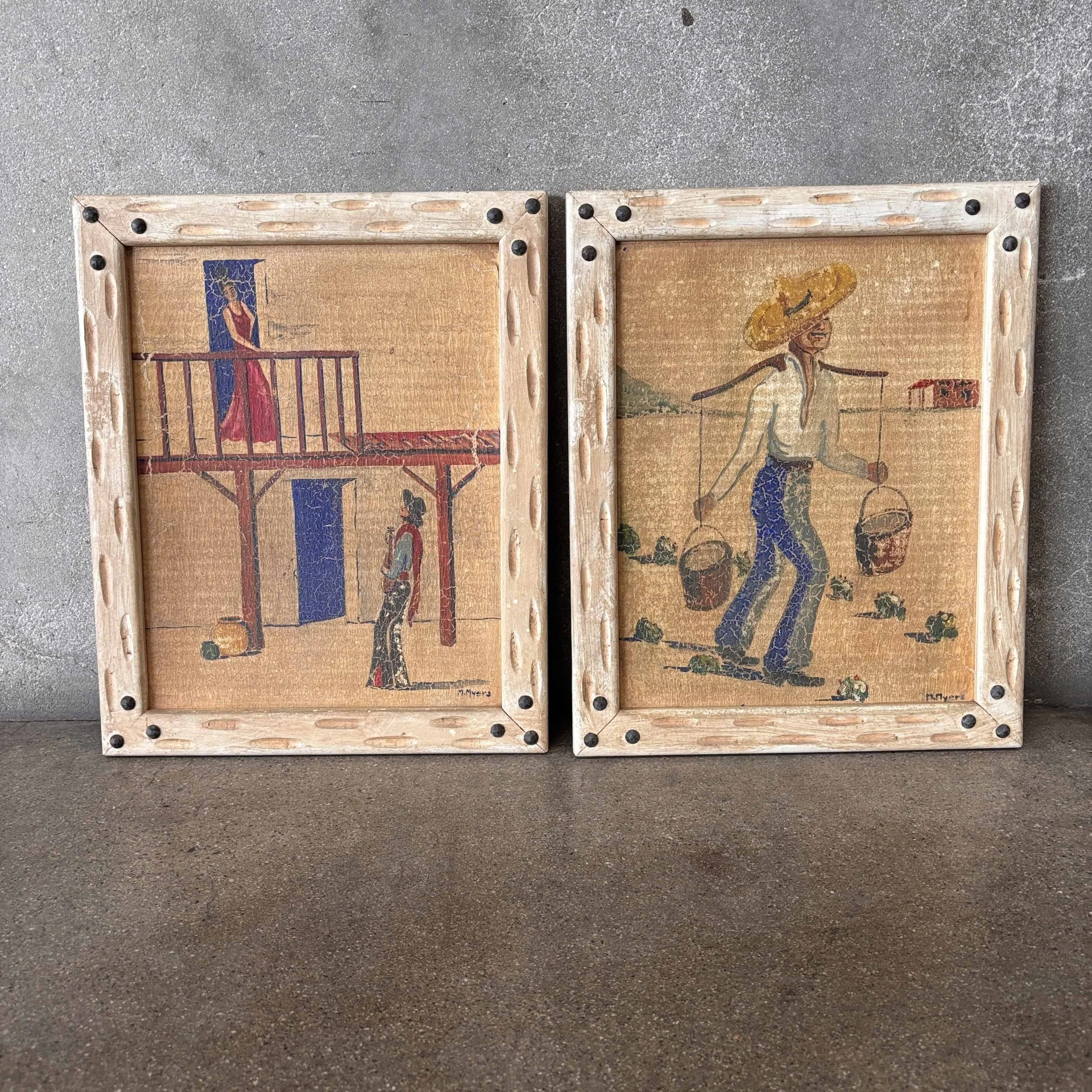Pair of Mexican Crackle Painting - Style of A. Ruelle