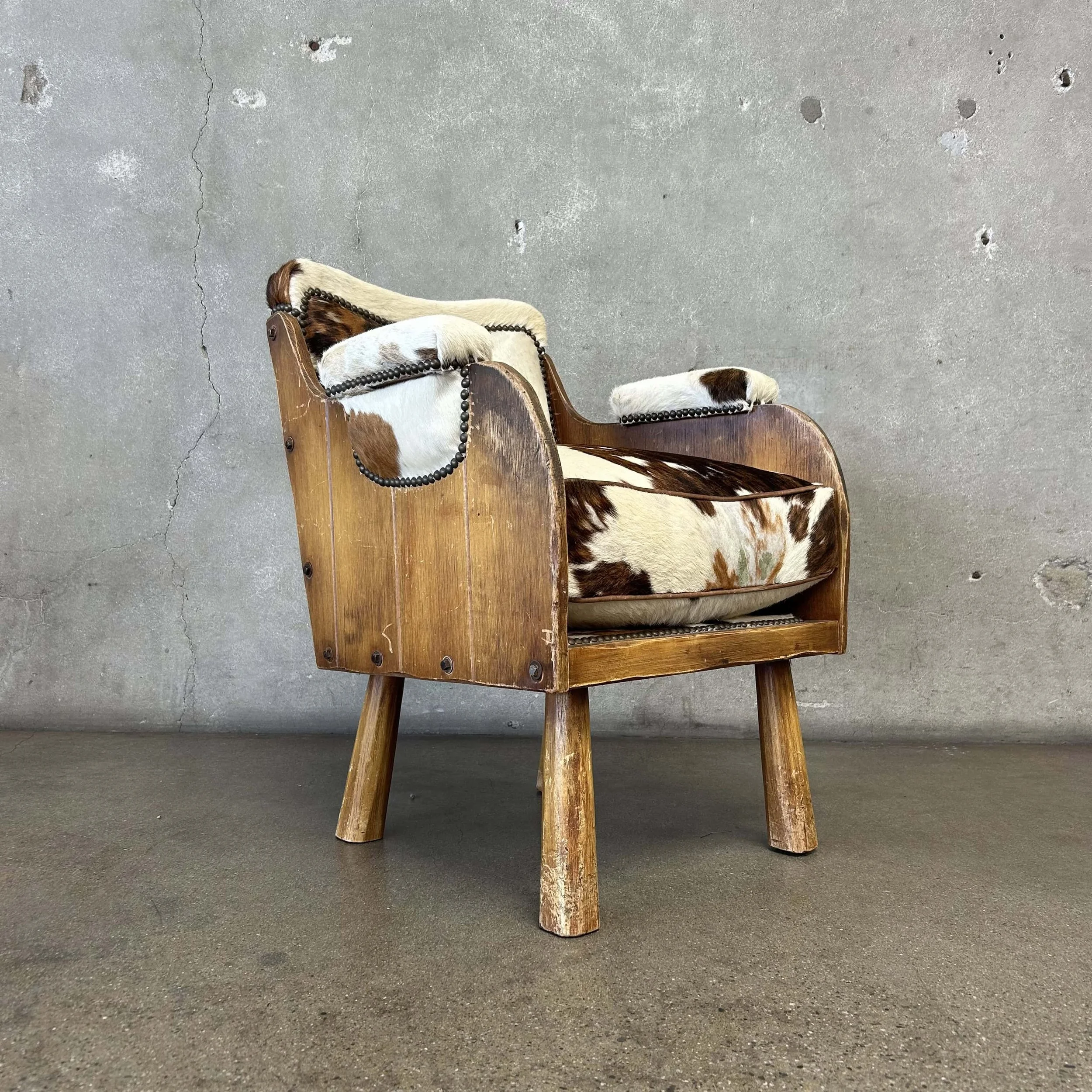 Coronado Furniture 1930's Barrel Chair w:Cowhide Cushions.jpg