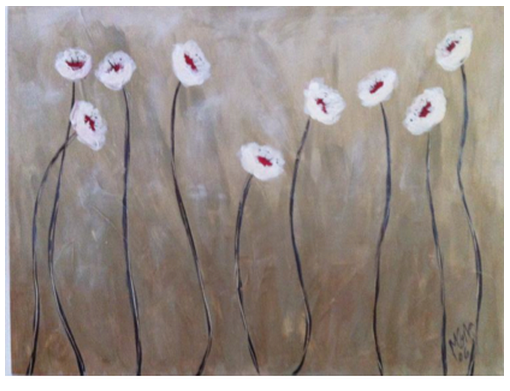 Abstract floral artwork with white flowers on neutral background