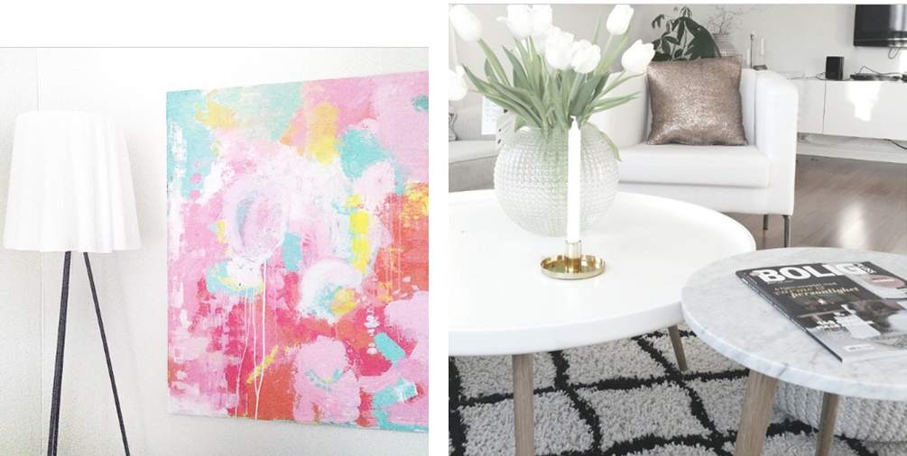 Colourful abstract artwork with floor lamp alongside styled coffee table with textured vase tulips and brass candle holder creative home styling Melbourne