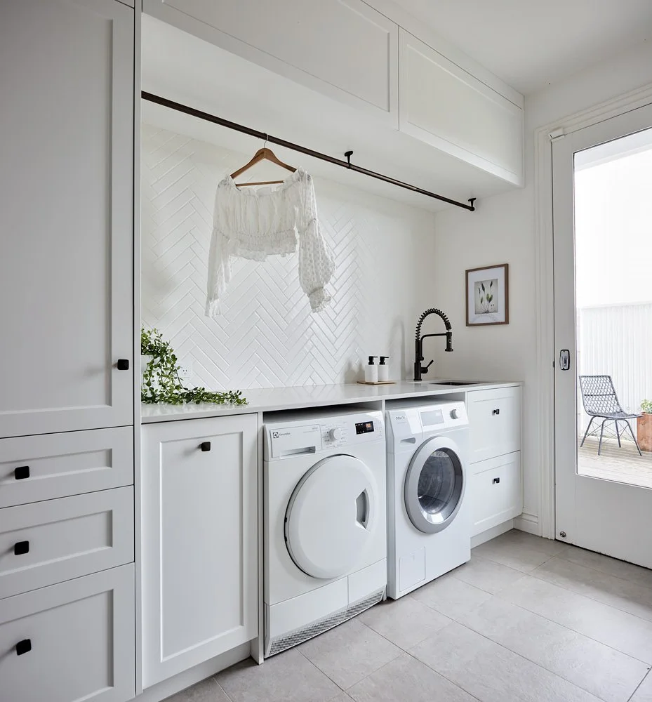 Modern White Laundry Design with Shaker Cabinetry and Hanging Rail Melbourne