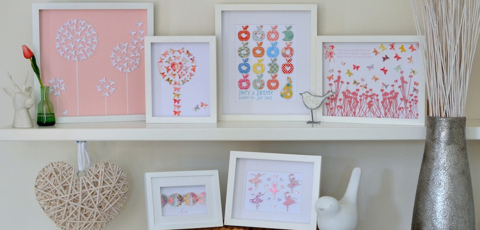 Colourful framed artwork and accessories for kids bedroom