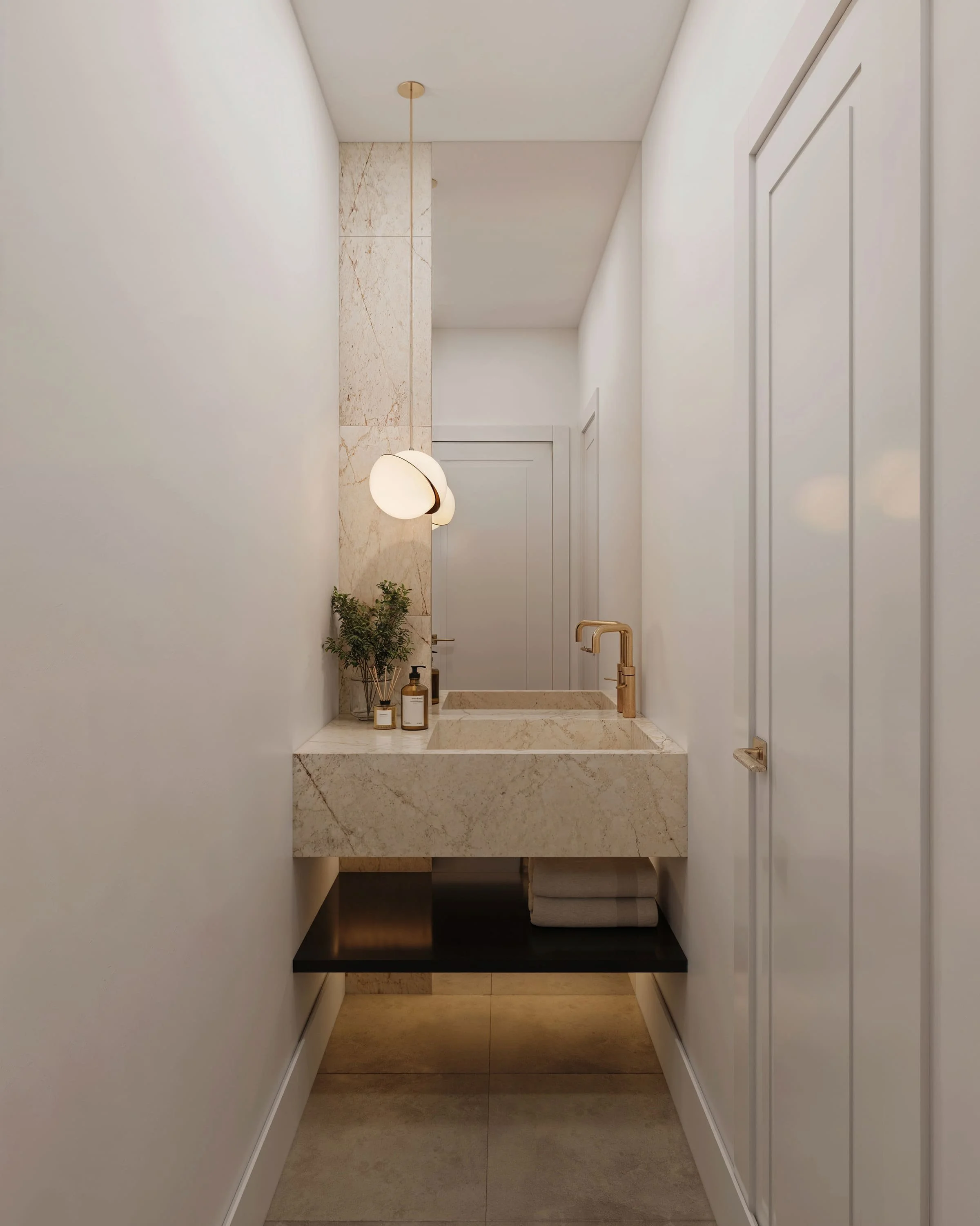 Luxury powder room with cream marble vanity gold tapware pendant light and underlit storage bathroom design Brighton Melbourne