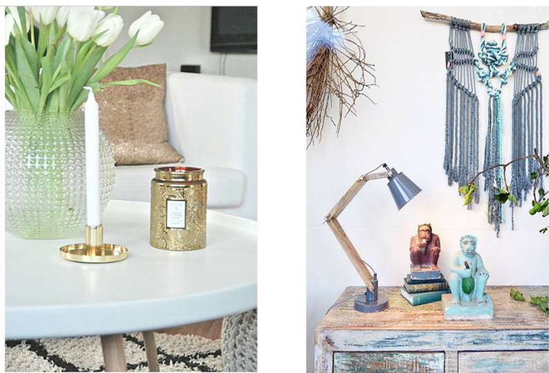 Stylish homewares featuring textured vase with tulips brass candle holder and gold candle alongside bohemian macrame wall hanging and vintage furniture home styling tips Melbourne