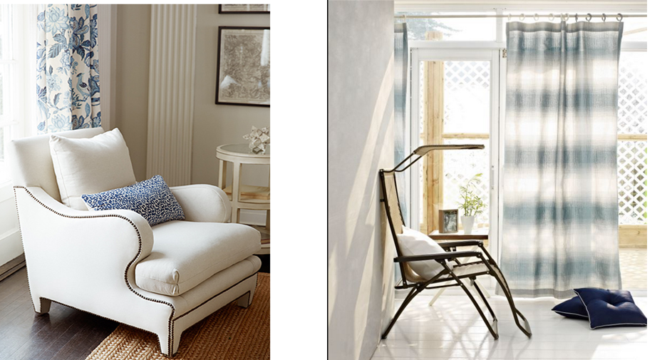 Classic white armchair with blue cushion and floral curtains alongside coastal style sheer curtains soft furnishings interior design Melbourne