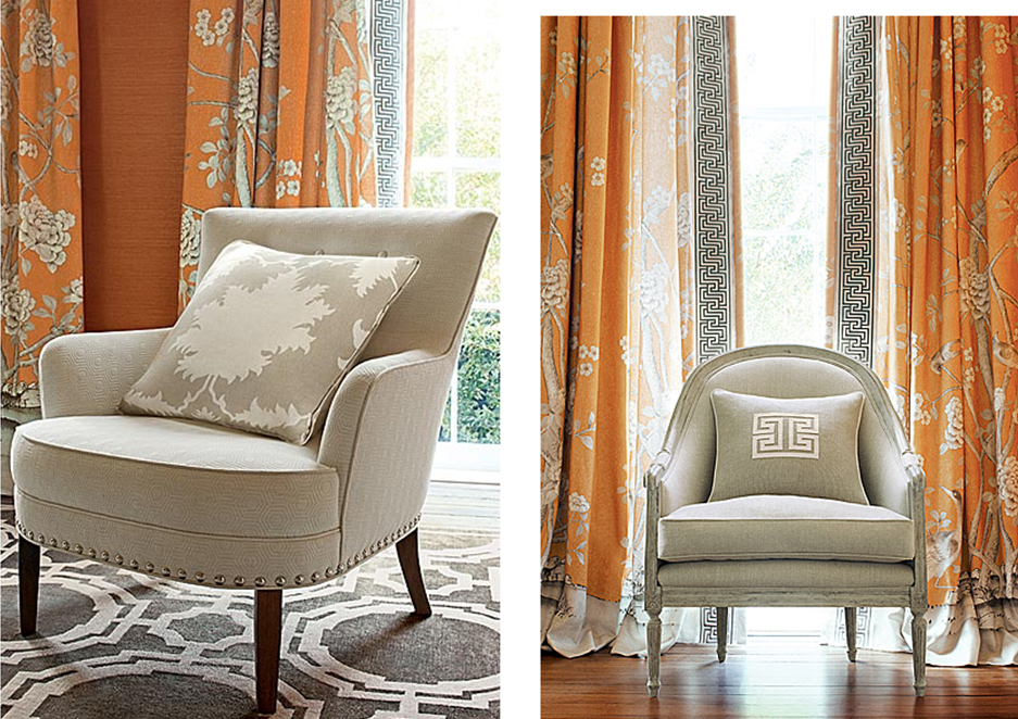 Bold orange floral curtains with Greek key trim paired with neutral upholstered armchairs and patterned cushions soft furnishings interior styling Melbourne